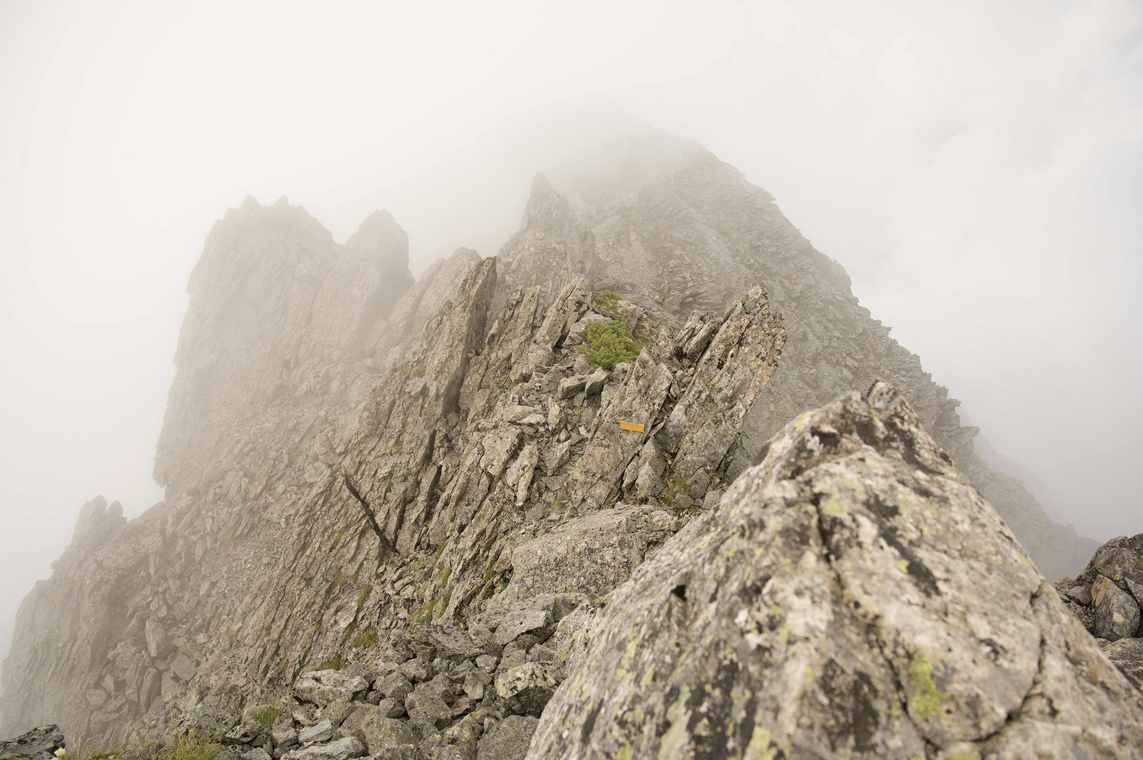 Fog-covered rocky mountain landscape with sharp peaks