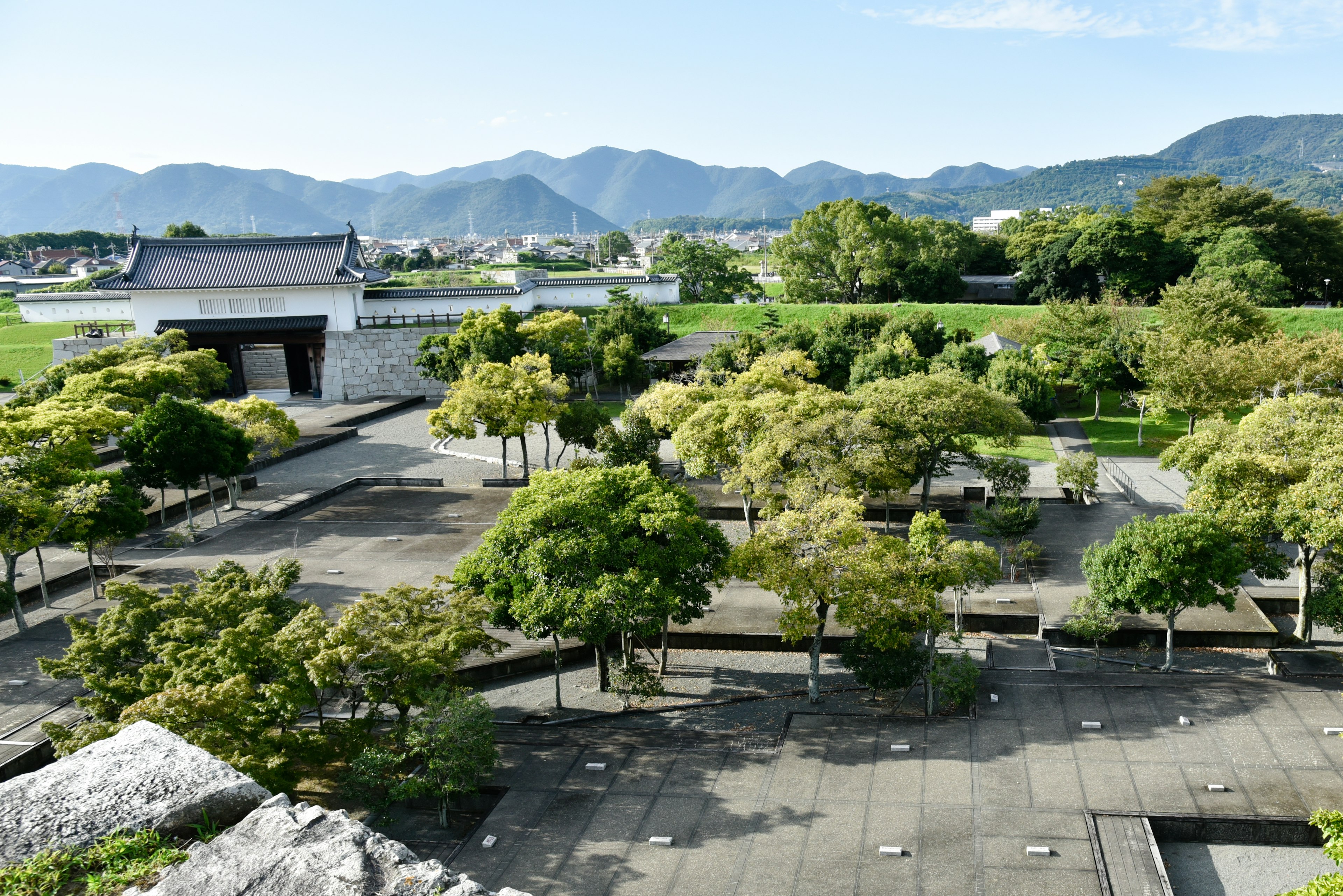 緑豊かな公園の風景と山々の背景