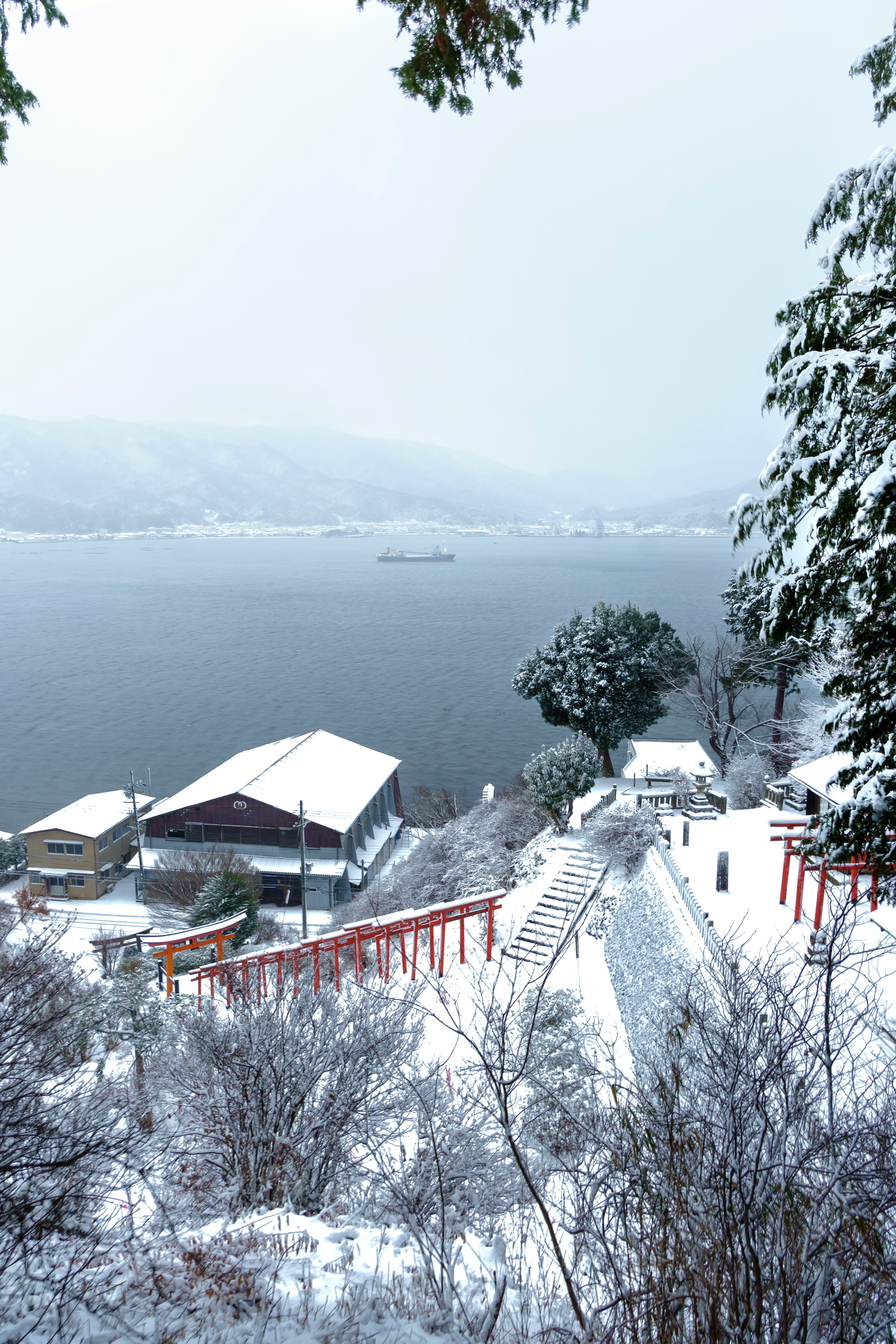 雪に覆われた湖と赤い鳥居のある風景