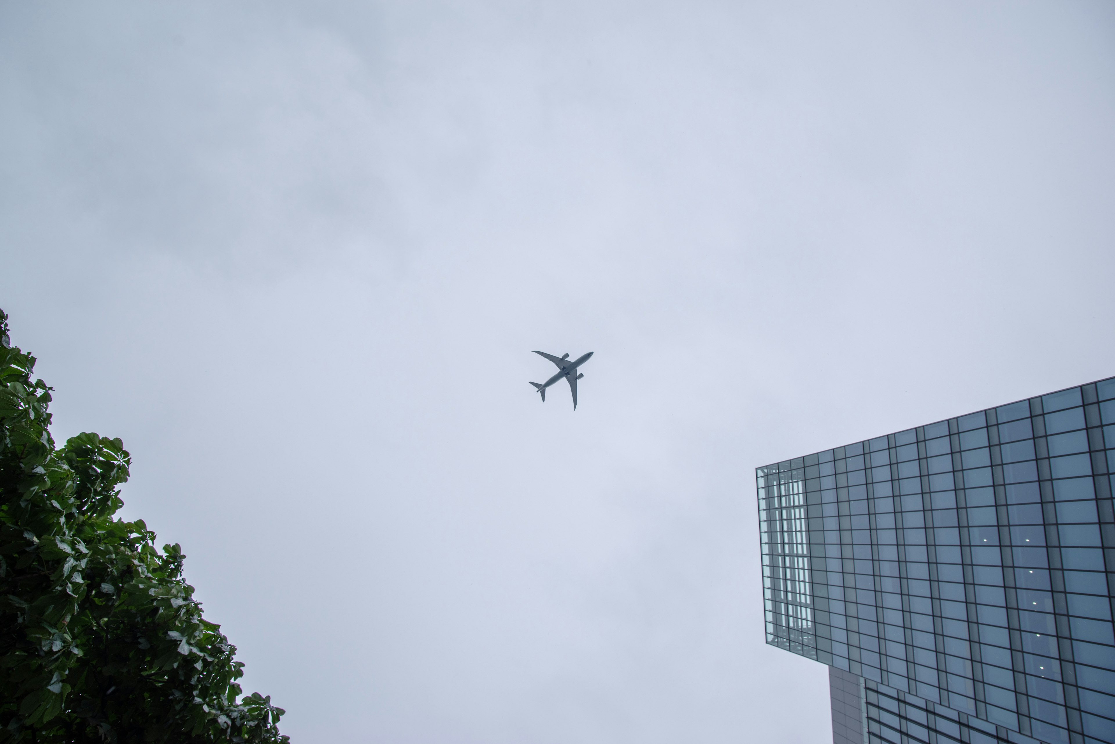 一架飛機飛過高樓和陰雲密布的天空