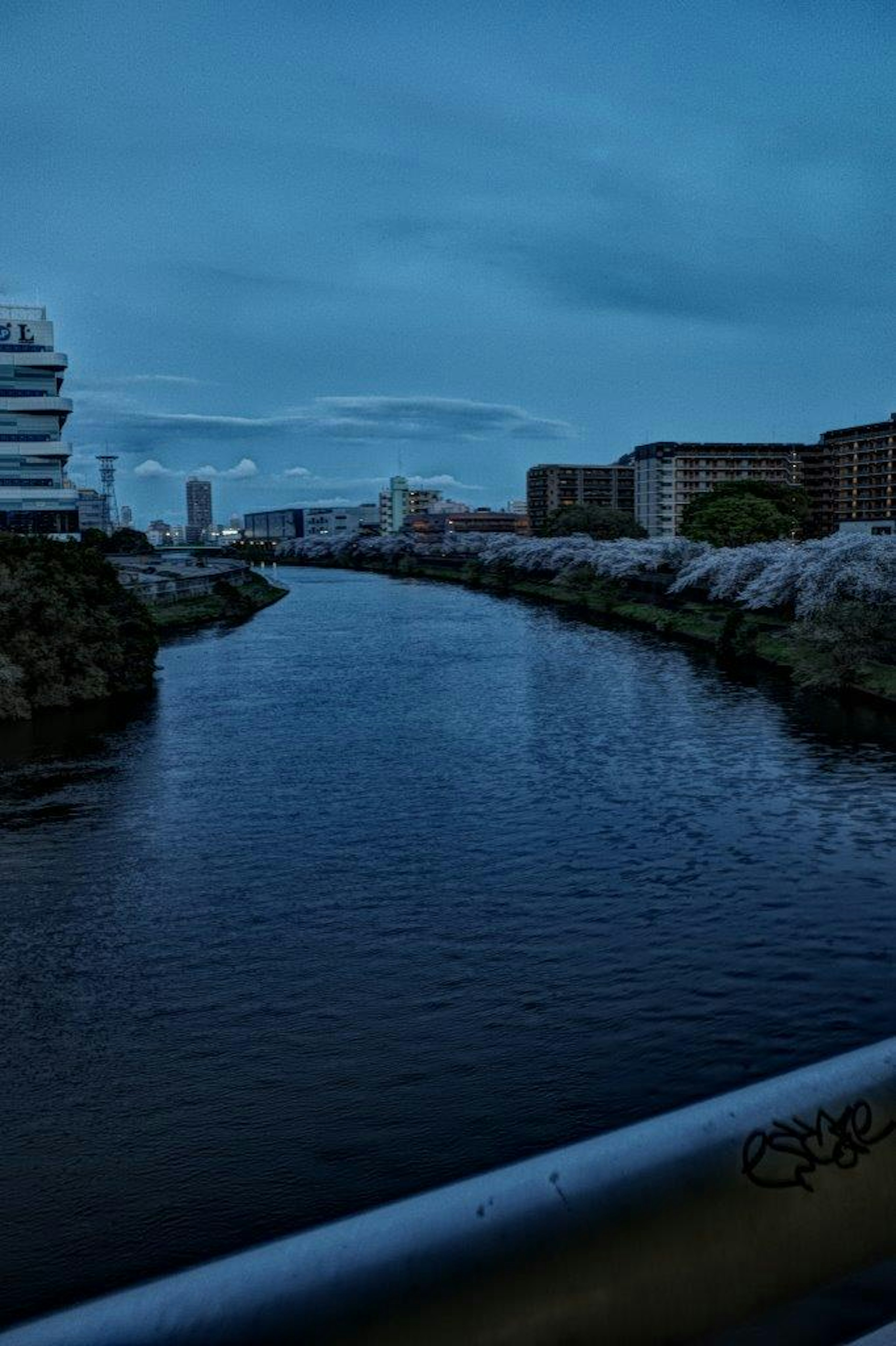 城市景观，蓝色河流和建筑在阴云密布的天空下