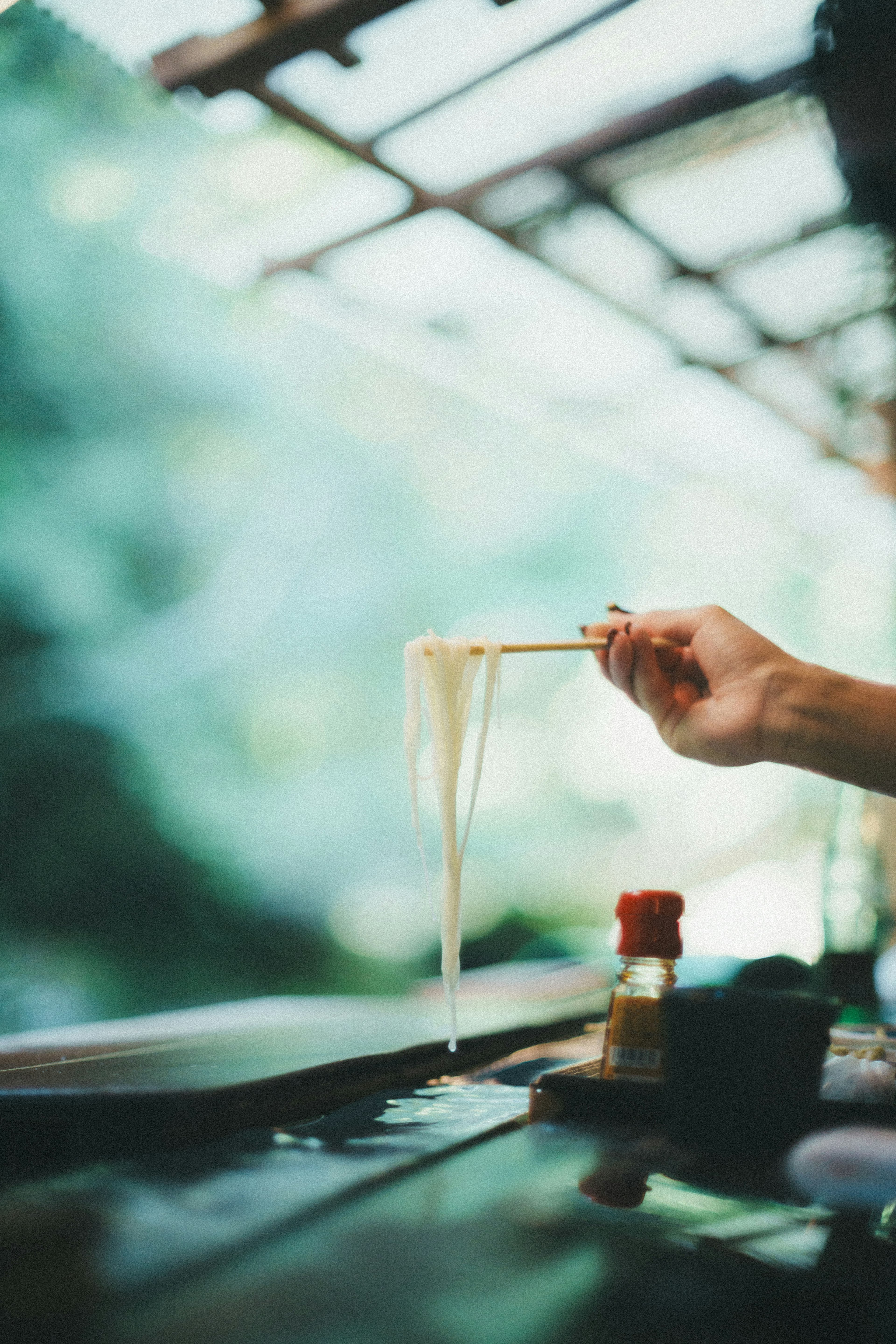 Primo piano di una mano che tiene noodles traslucidi con sfondo sfocato