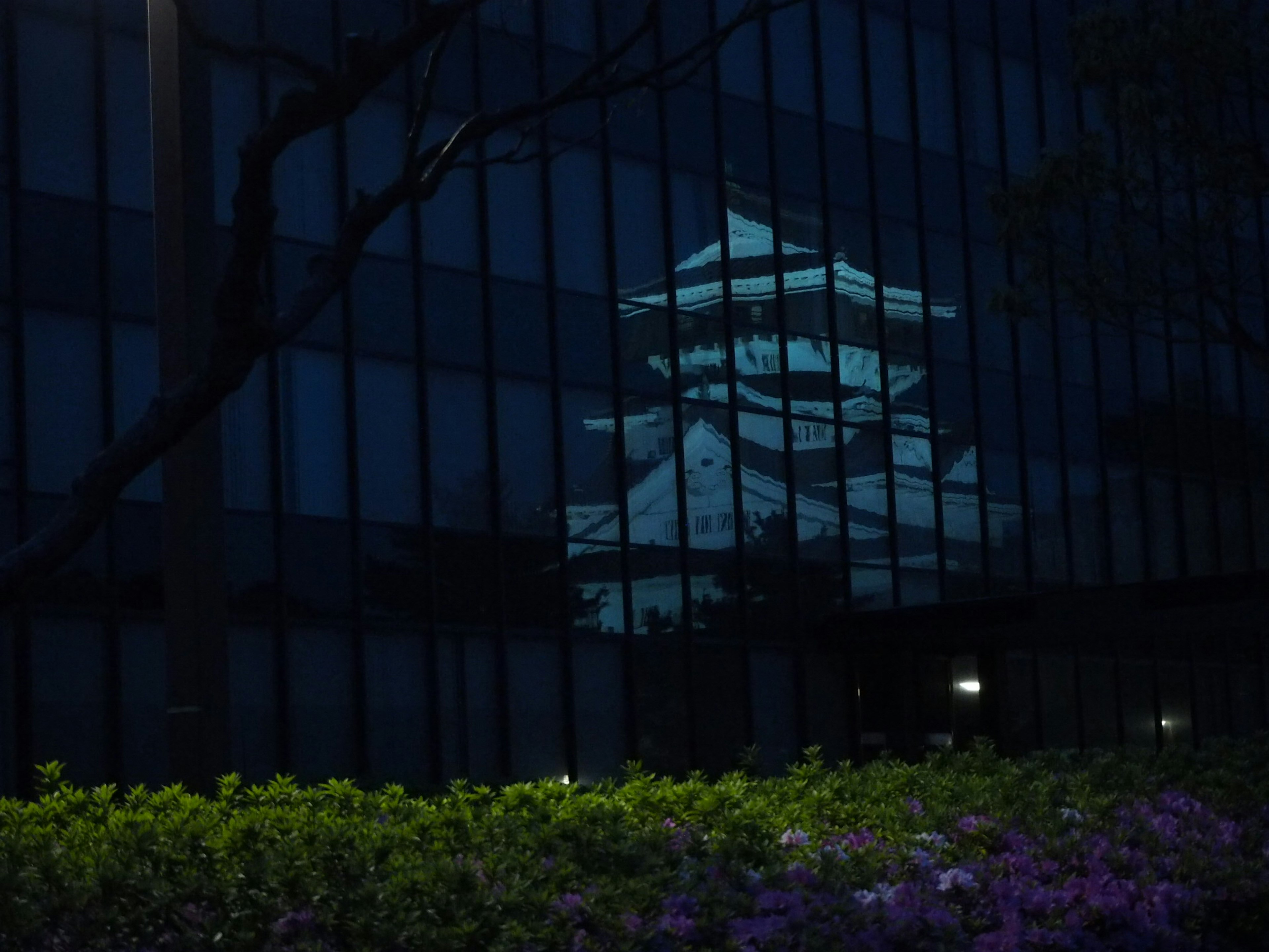 Reflection of a traditional Japanese castle in a modern building at night