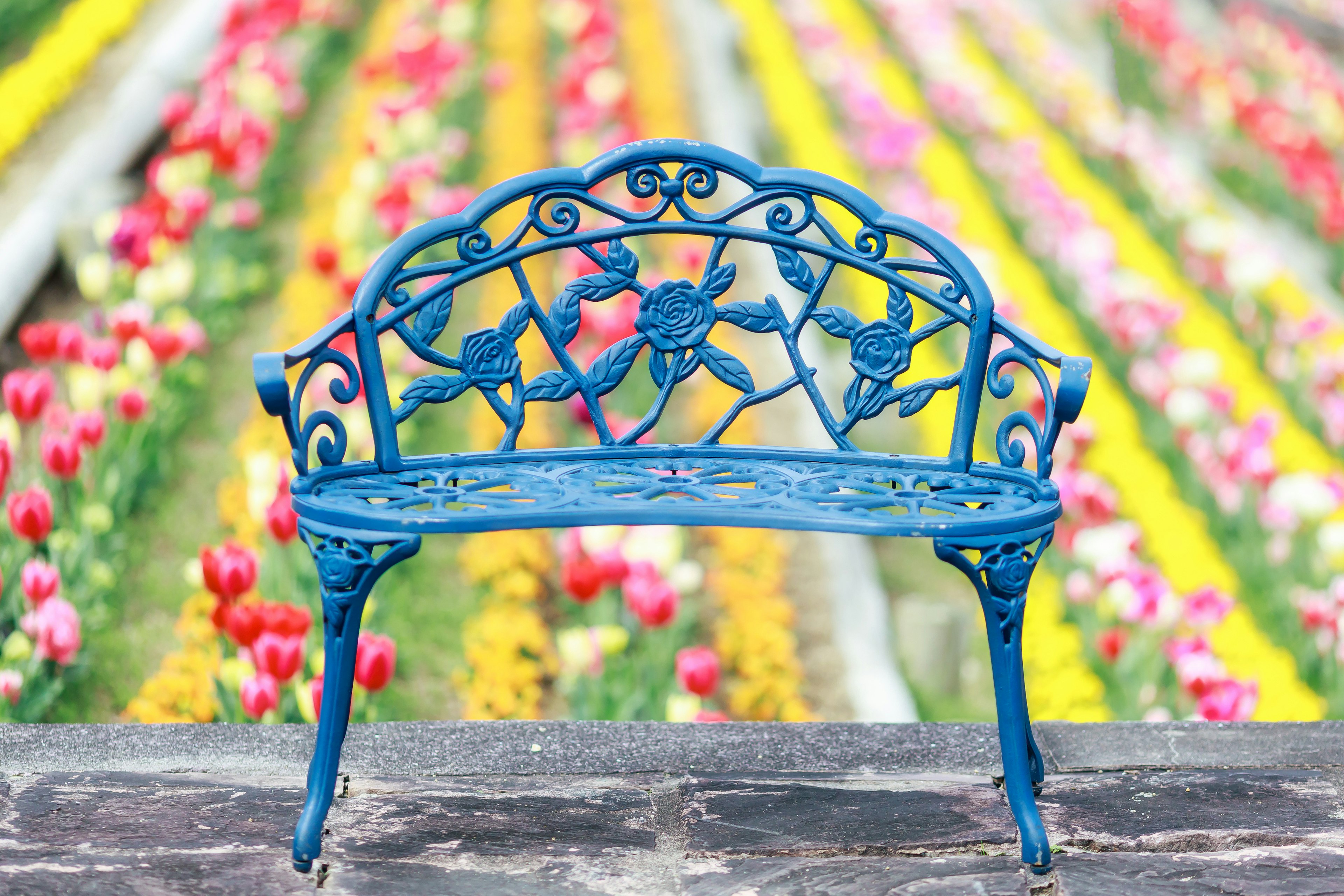 A blue iron bench in front of a colorful flower garden