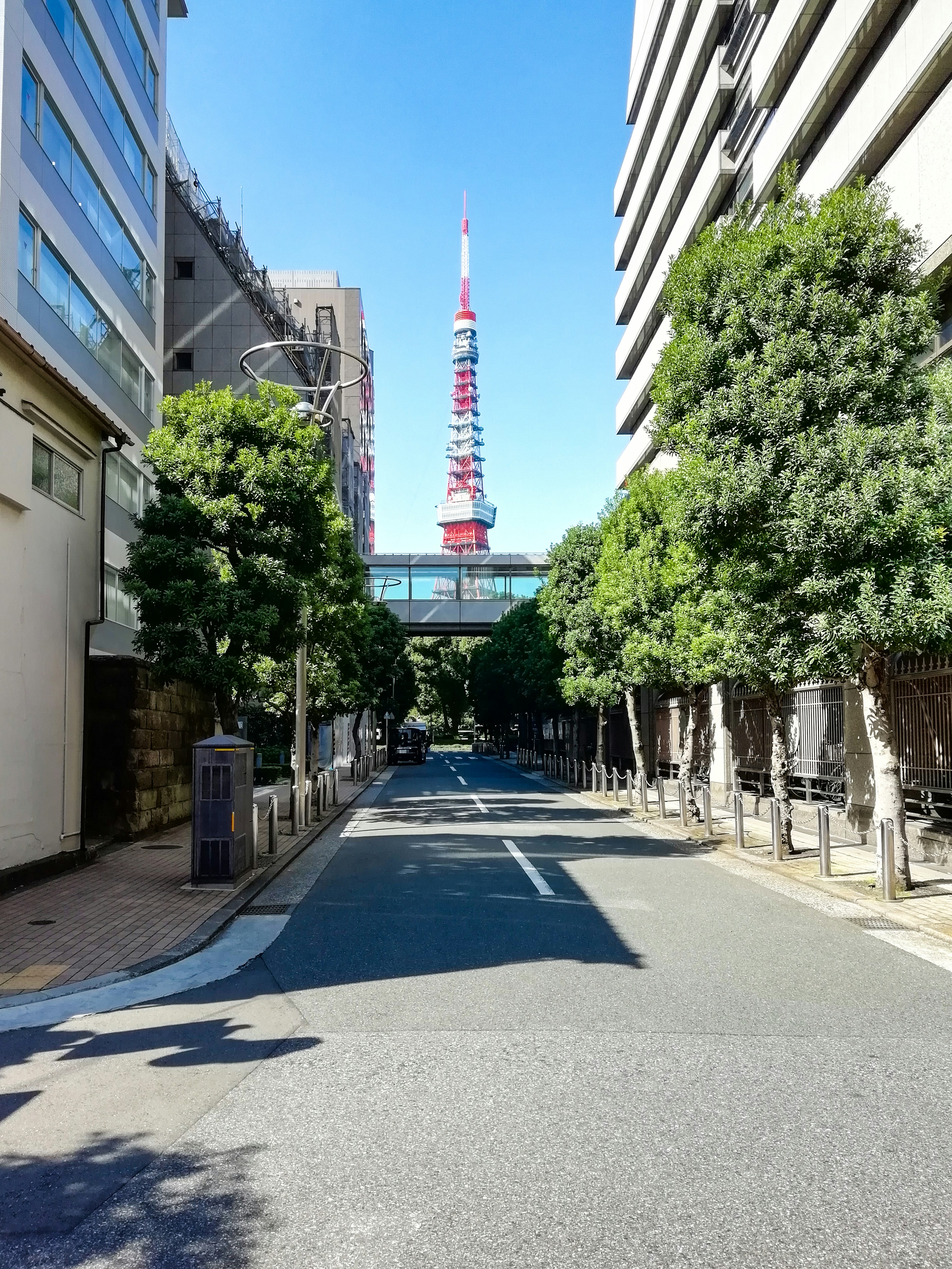 Vista de una calle tranquila con la Torre de Tokio al fondo