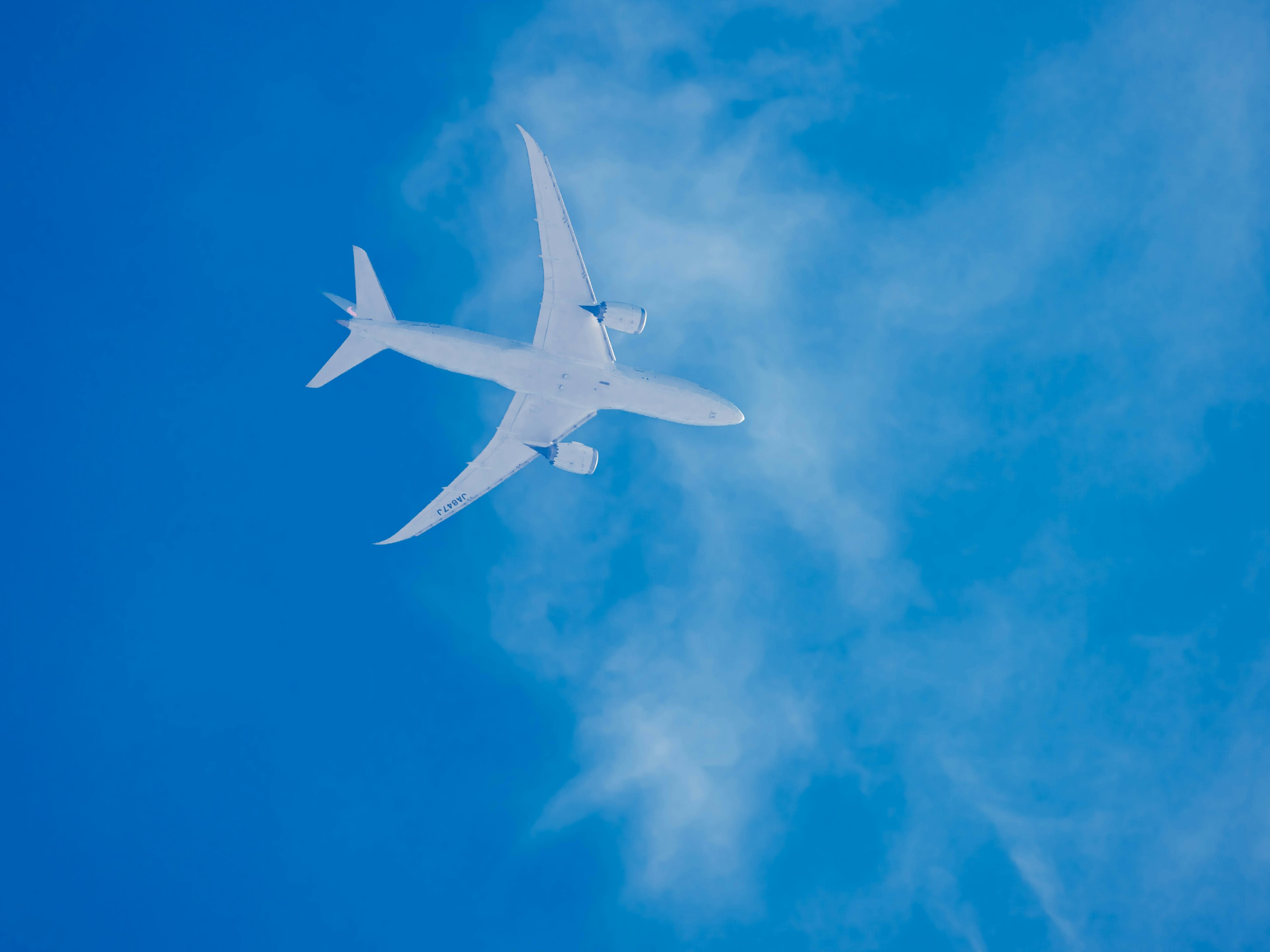 White airplane flying in a blue sky viewed from below