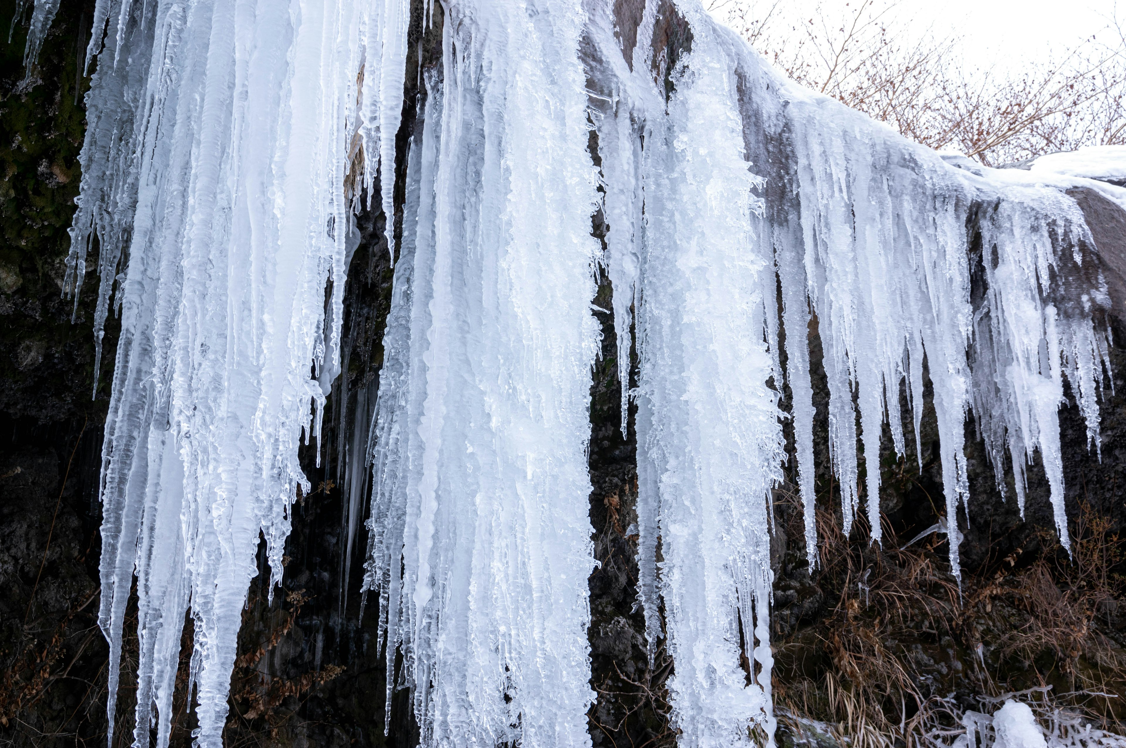 Gocce di ghiaccio appese a una roccia in un paesaggio invernale