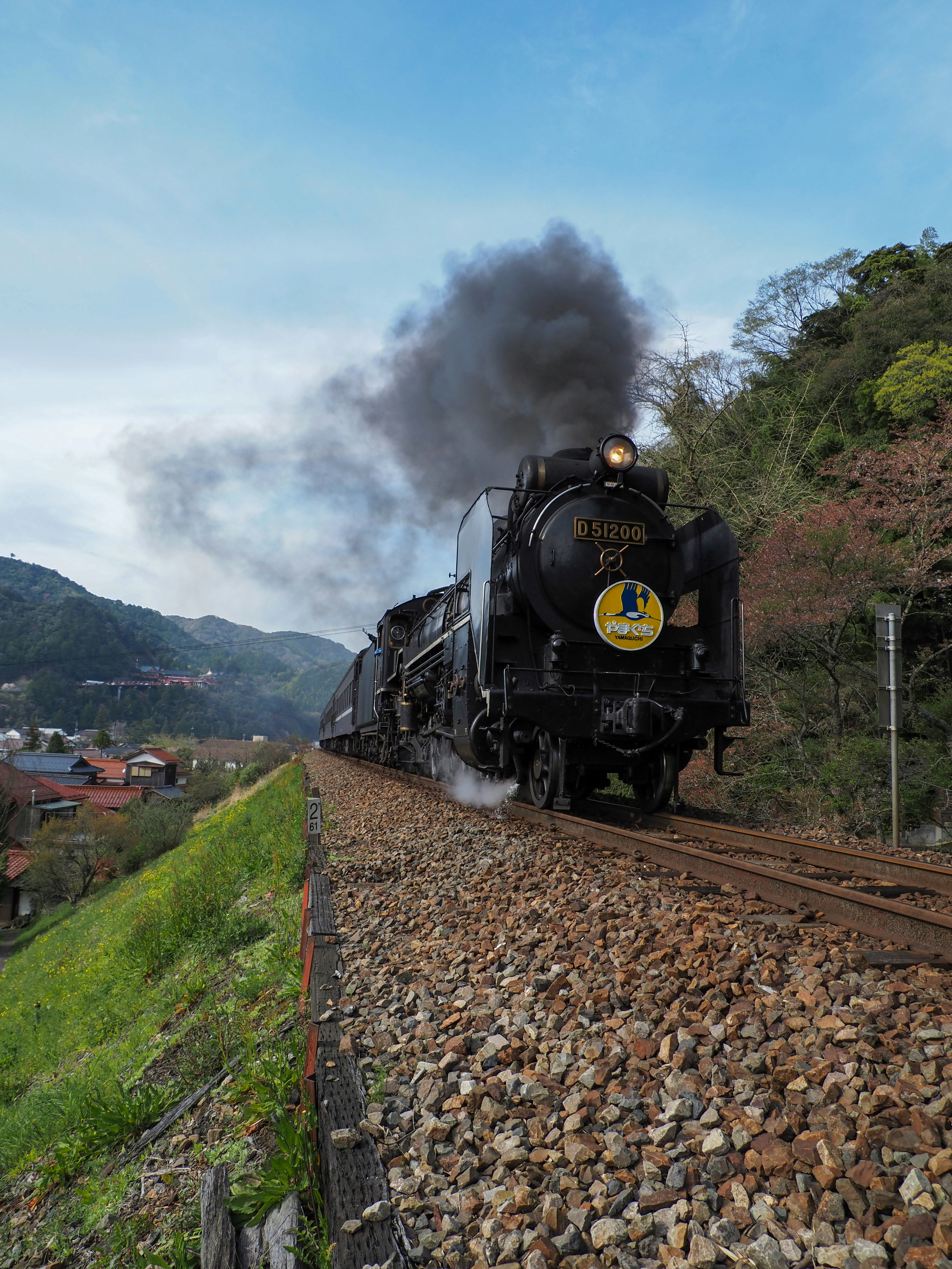 Locomotiva a vapore che viaggia tra le montagne con fumi