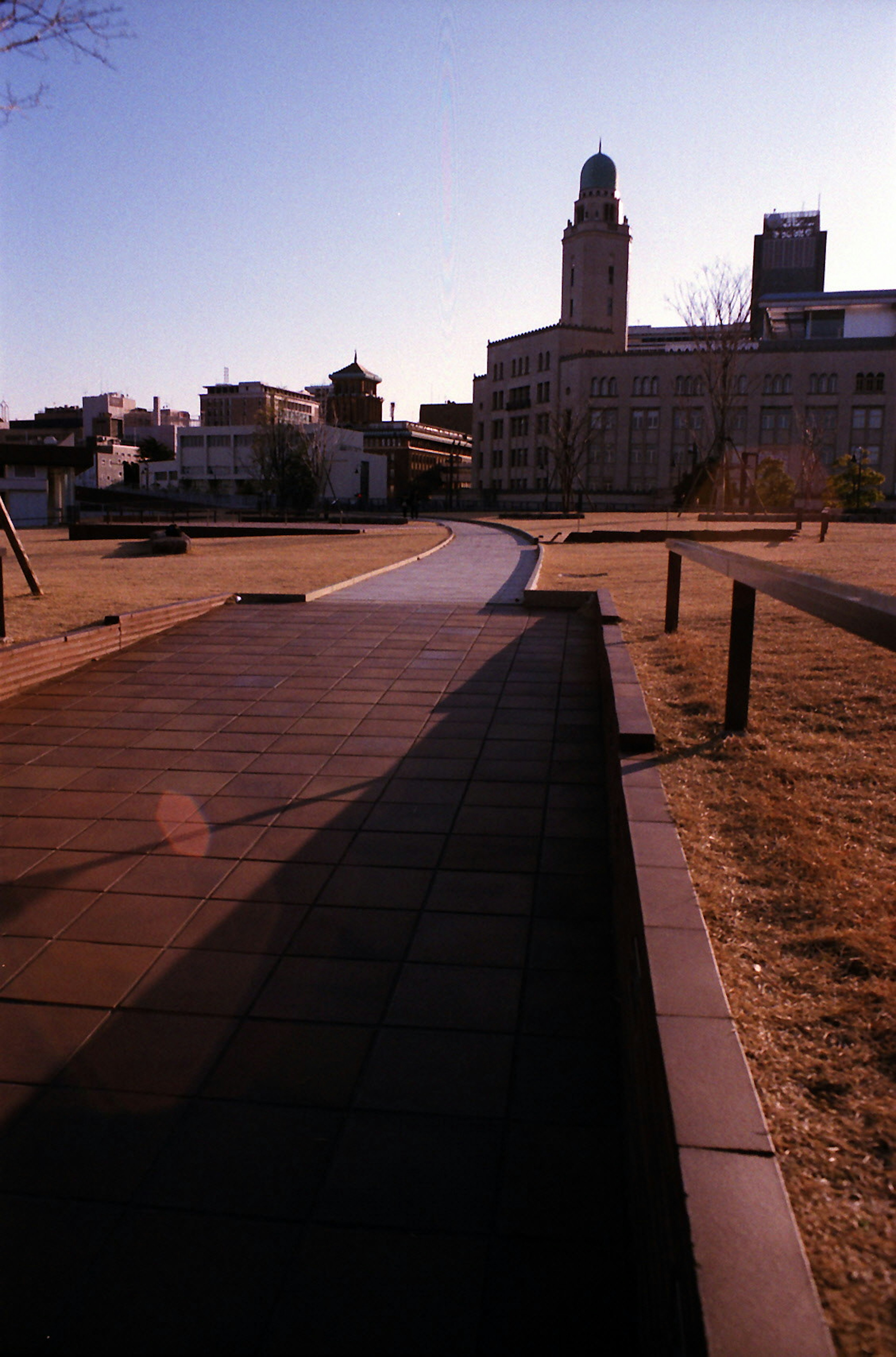 公園の舗装された歩道と建物のシルエットが映る夕暮れの風景