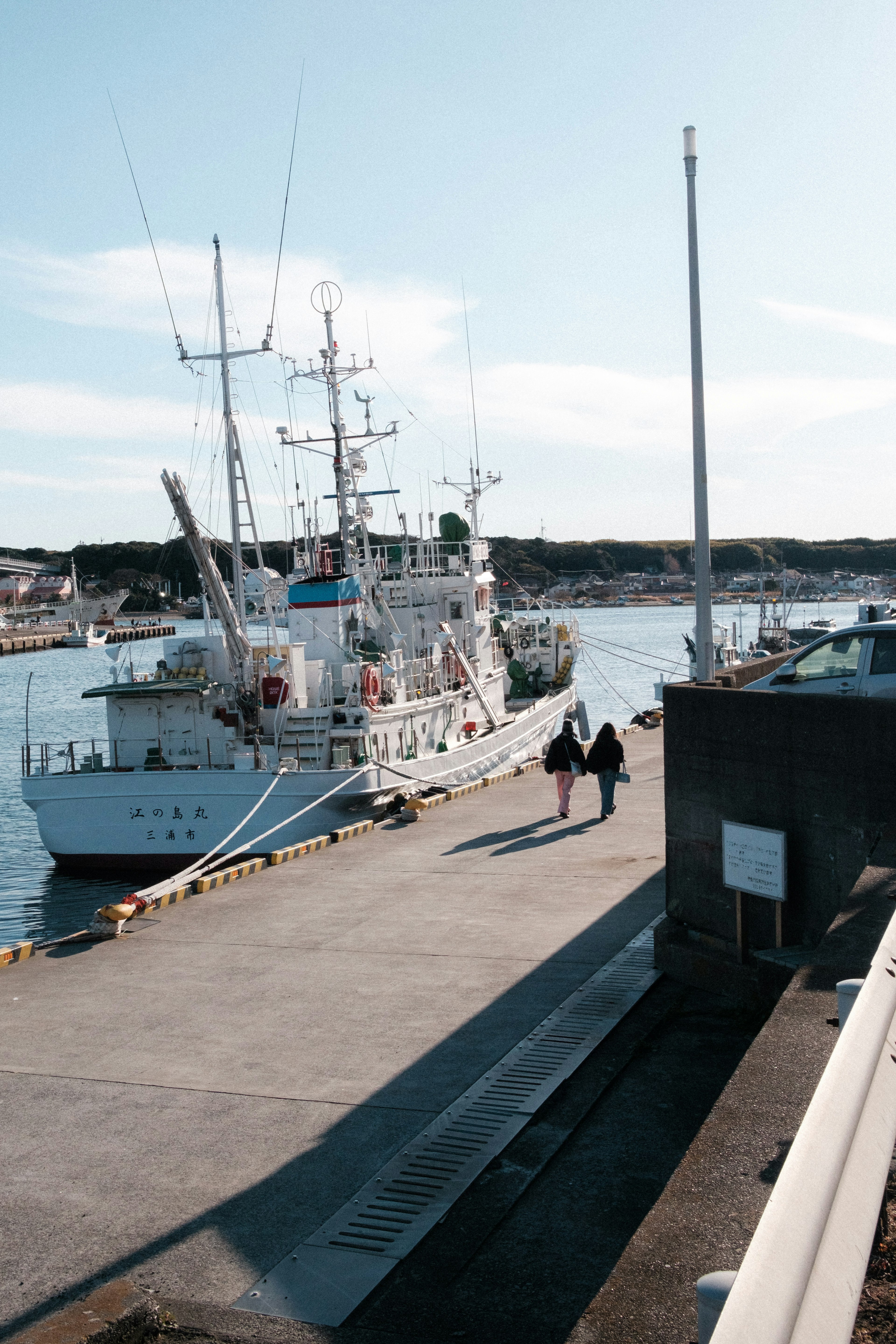 White fishing boat docked at the harbor with people walking nearby