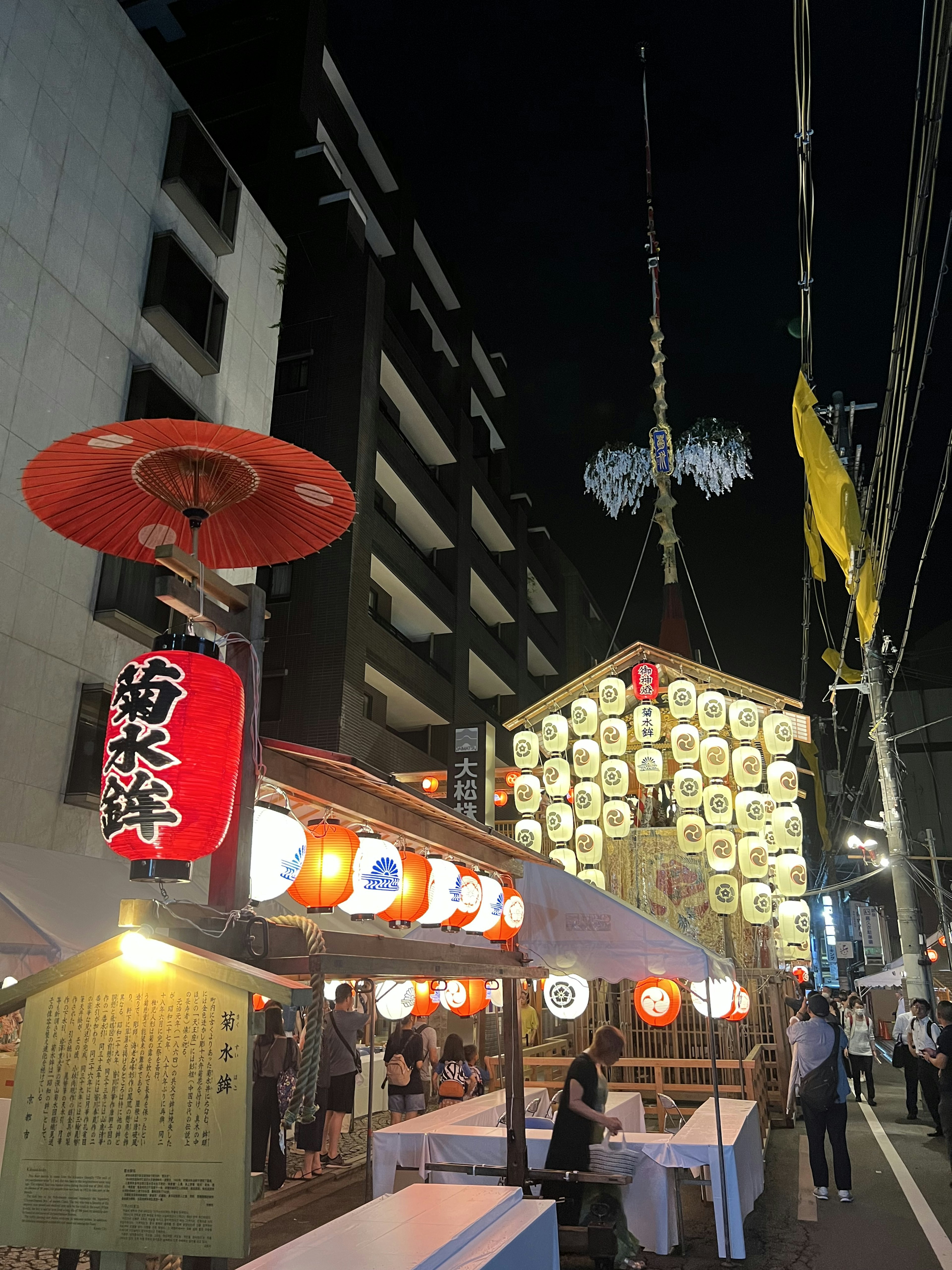 夜の祭りの街並み提灯と屋台が並ぶ