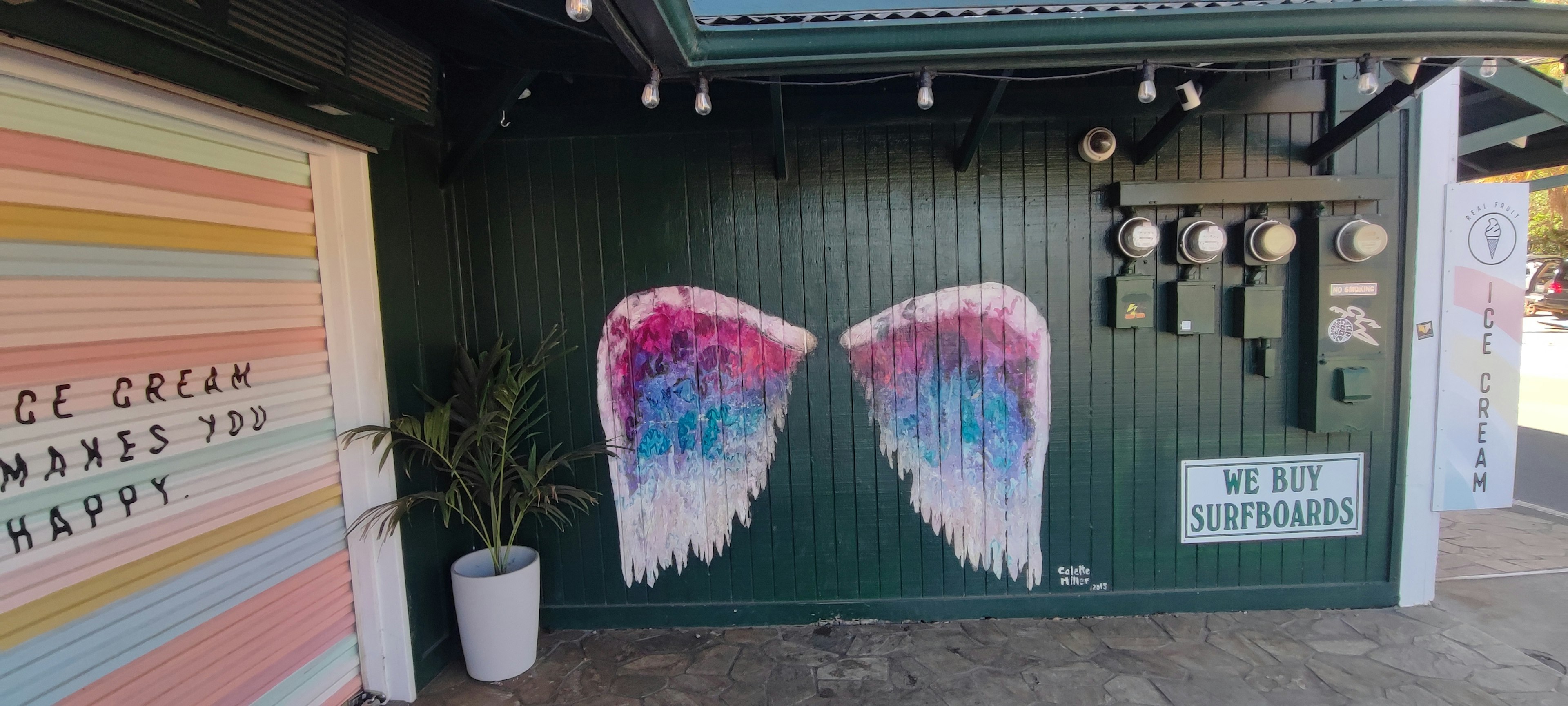 Bunte Flügelmural an einer grünen Wand mit einer weißen Topfpflanze