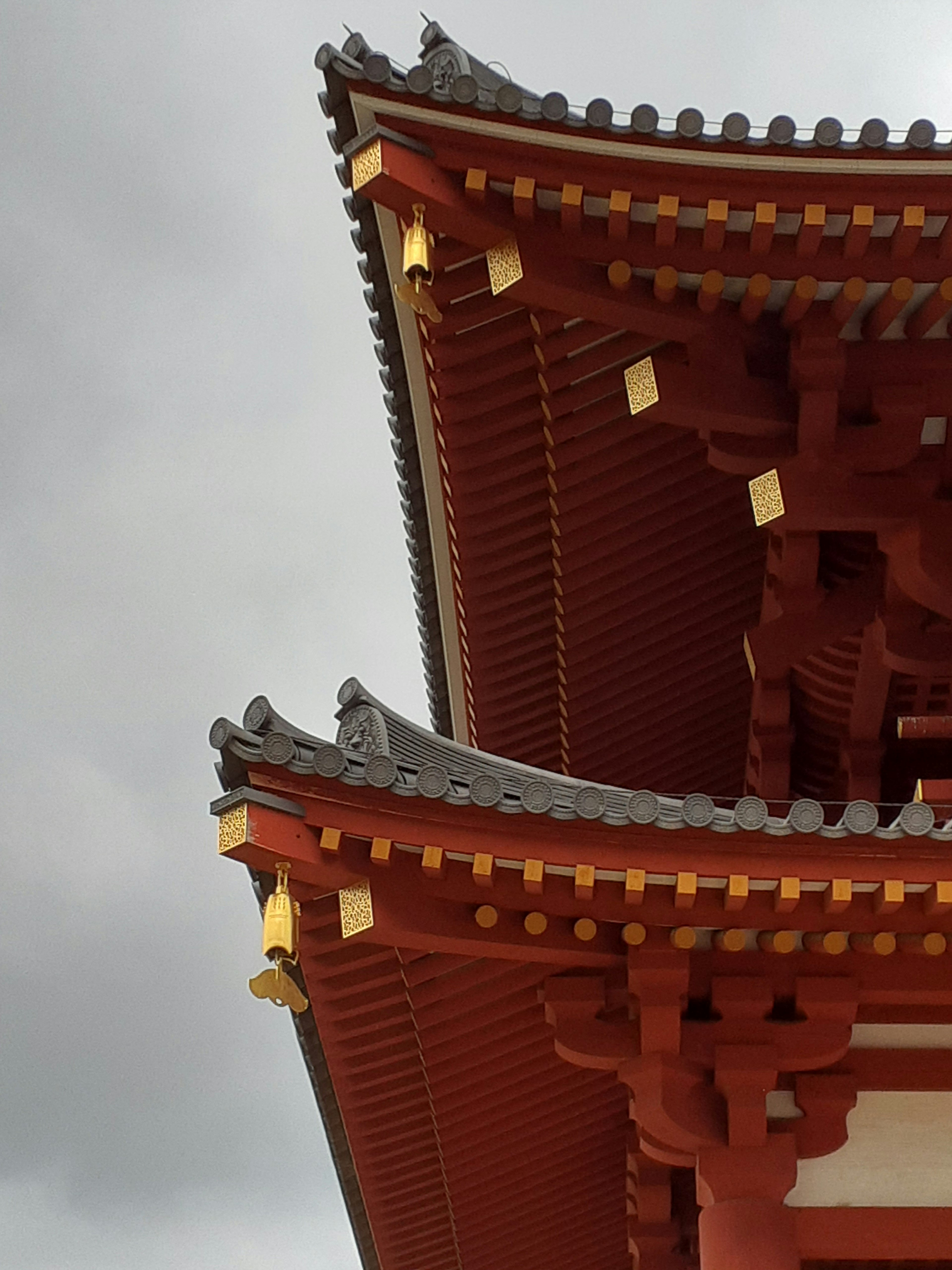 Detail of a red temple roof with intricate decorations