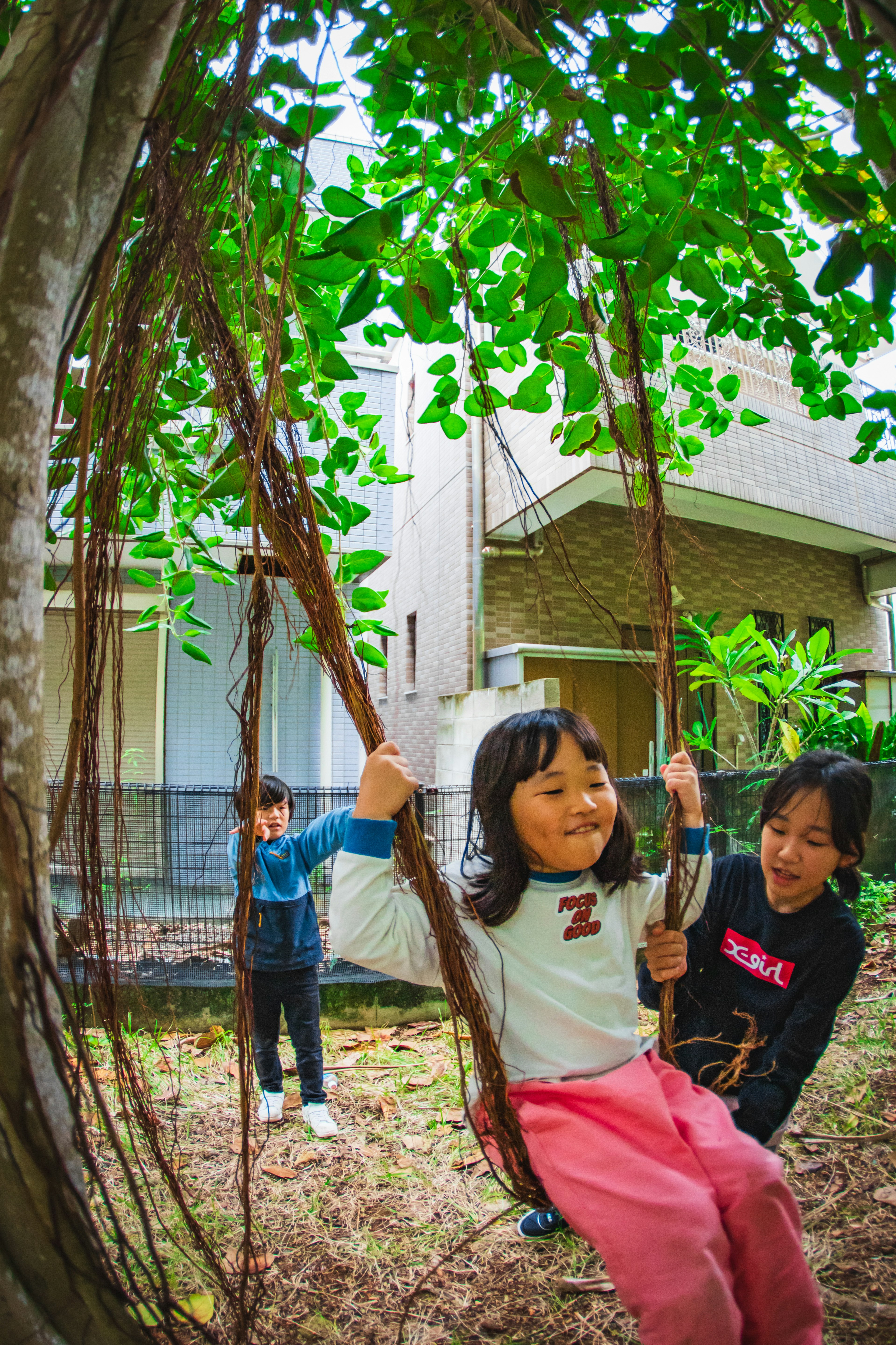 Kinder spielen in der Natur mit einem Mädchen auf einer Schaukel und ihrer Freundin in einer üppigen grünen Umgebung