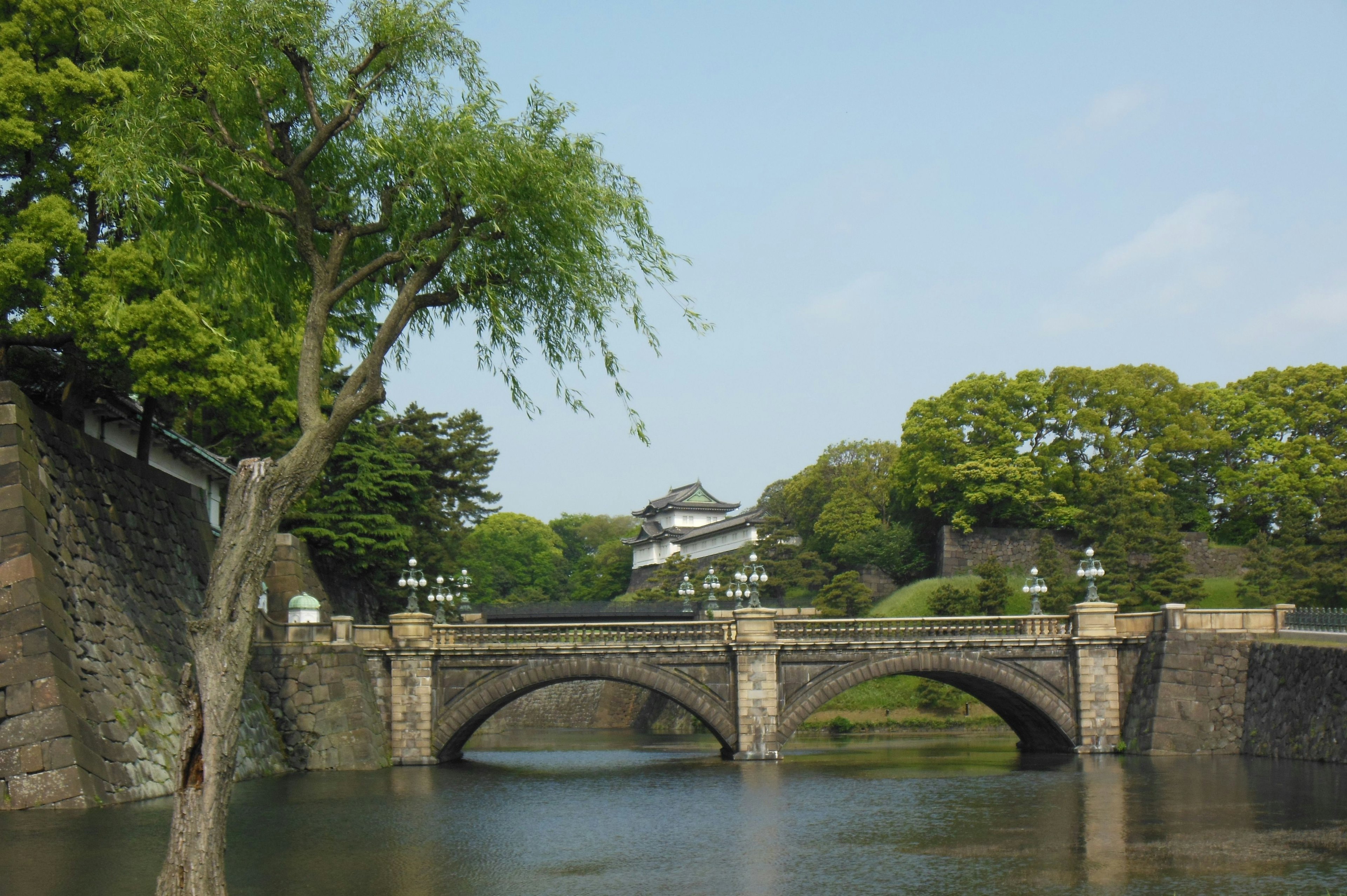 Stone bridge with lush green trees in the background