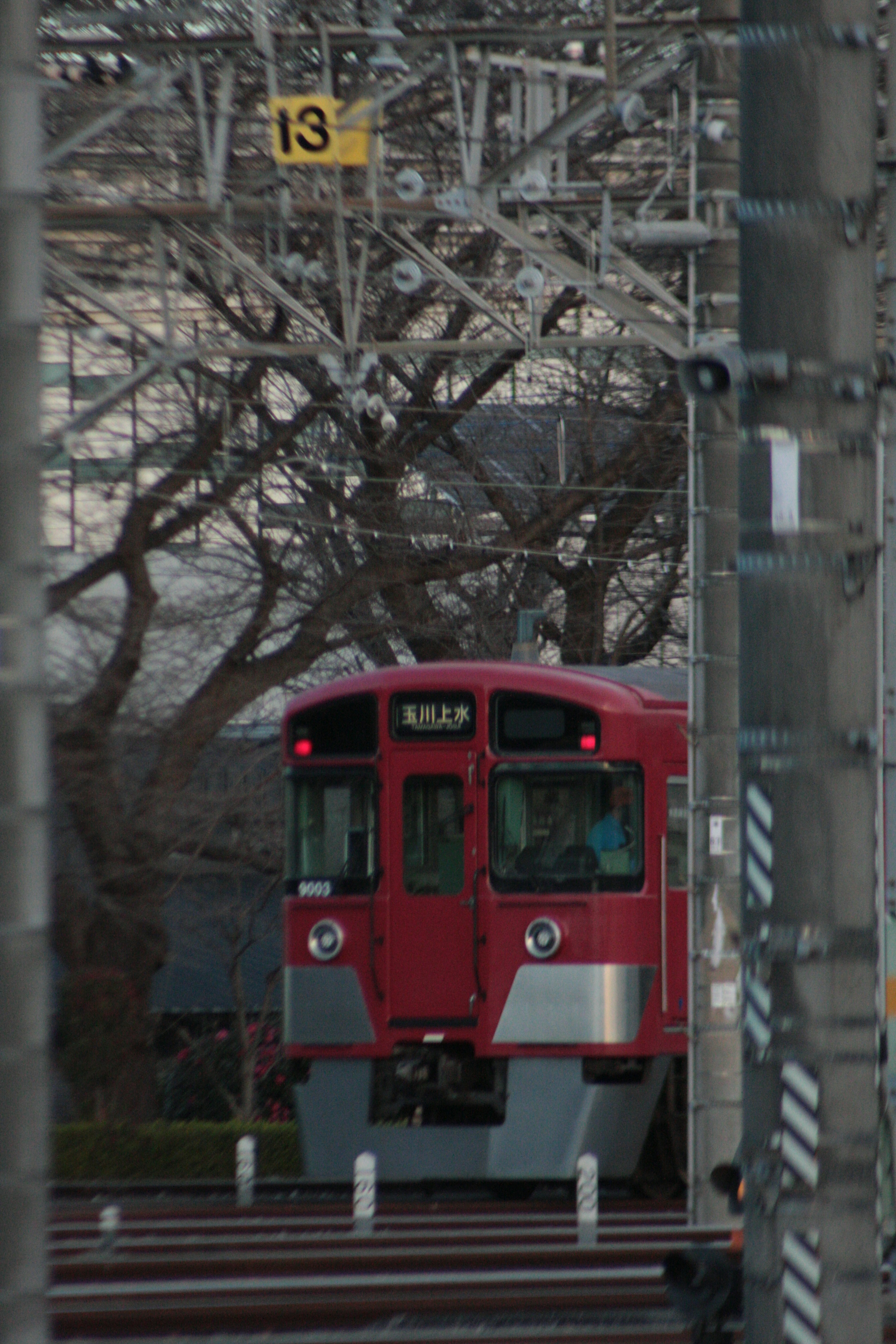 Red train stopped on tracks with trees in the background