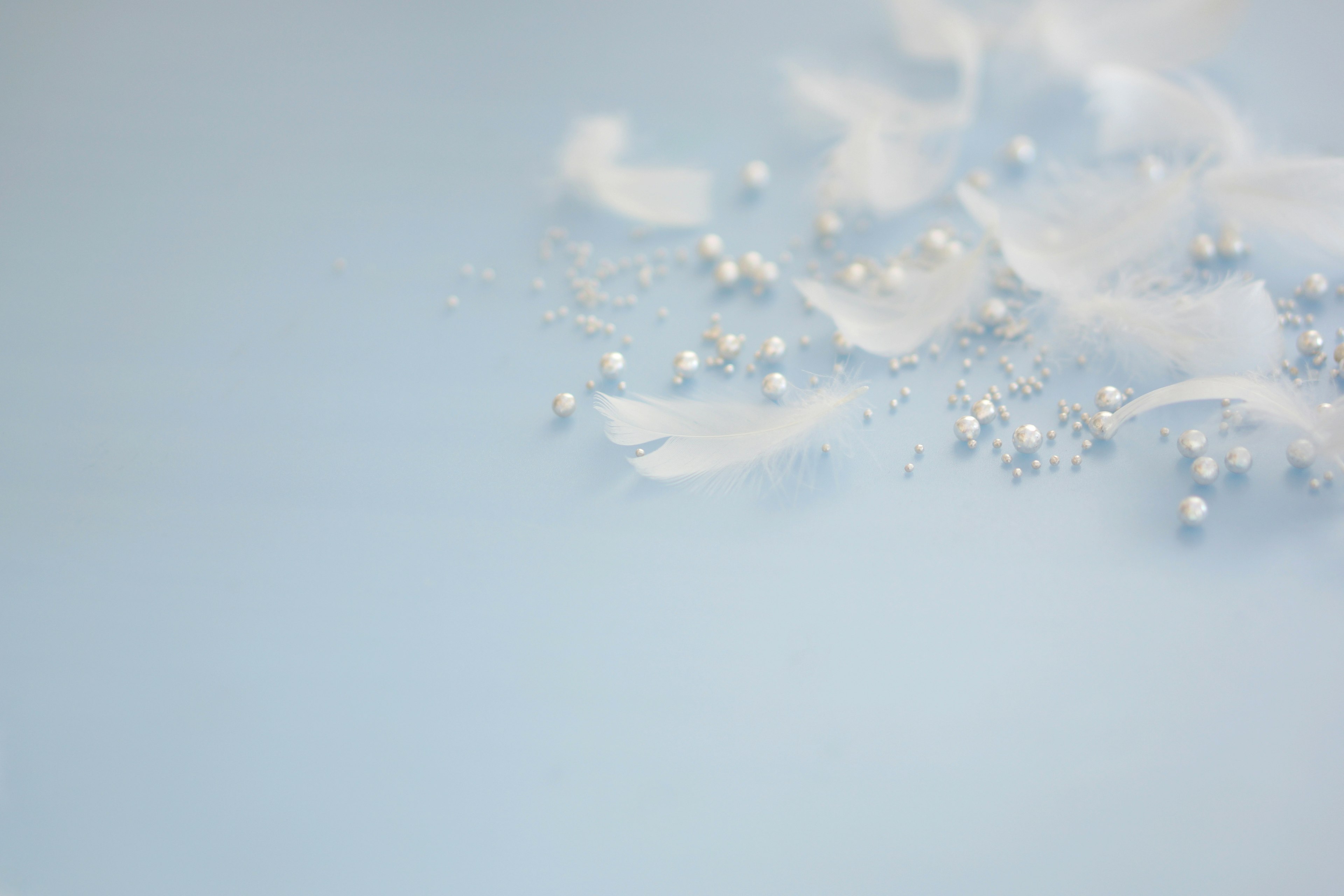 Delicate white feathers and small beads scattered on a soft blue background