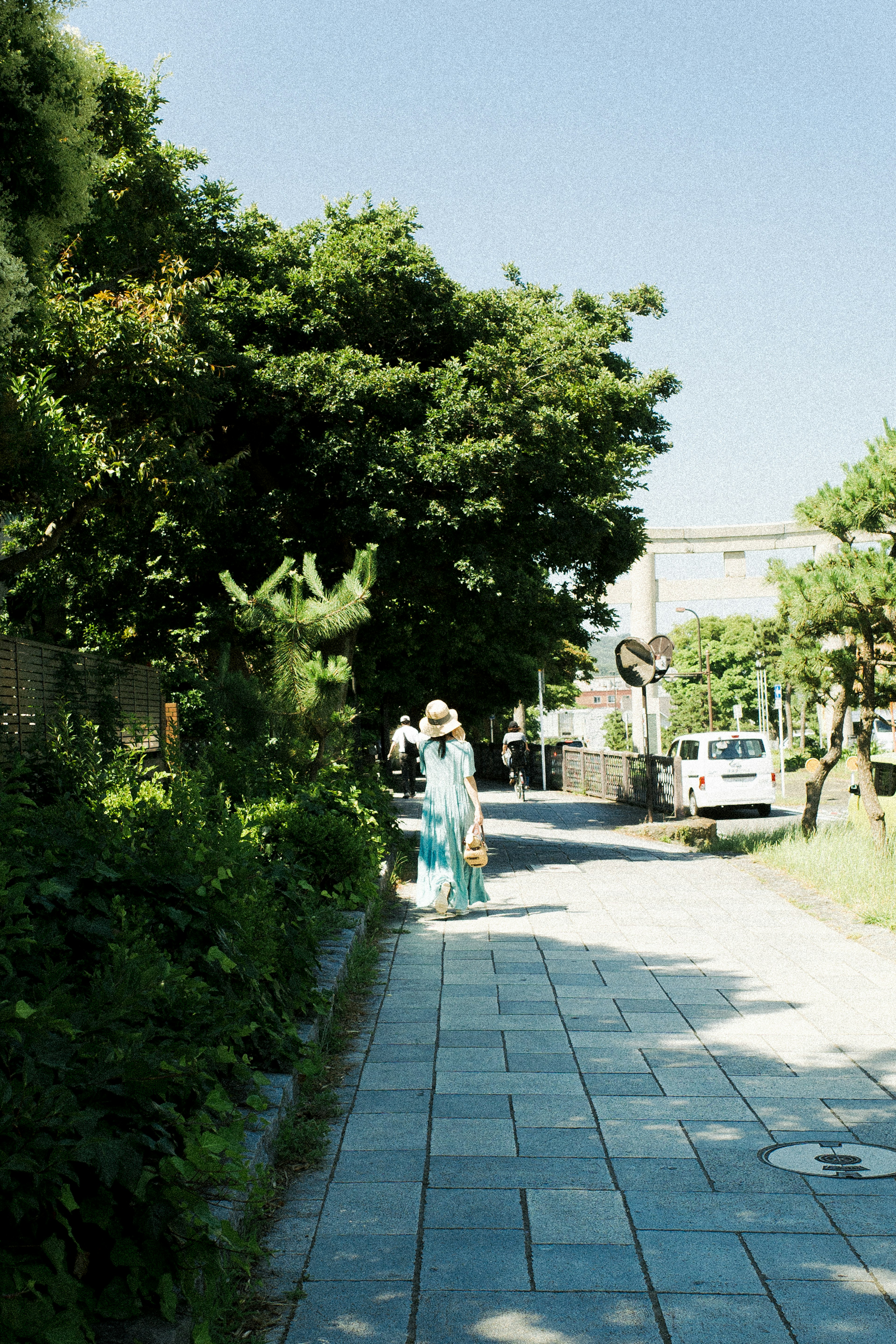 A woman wearing a hat walking along a leafy path