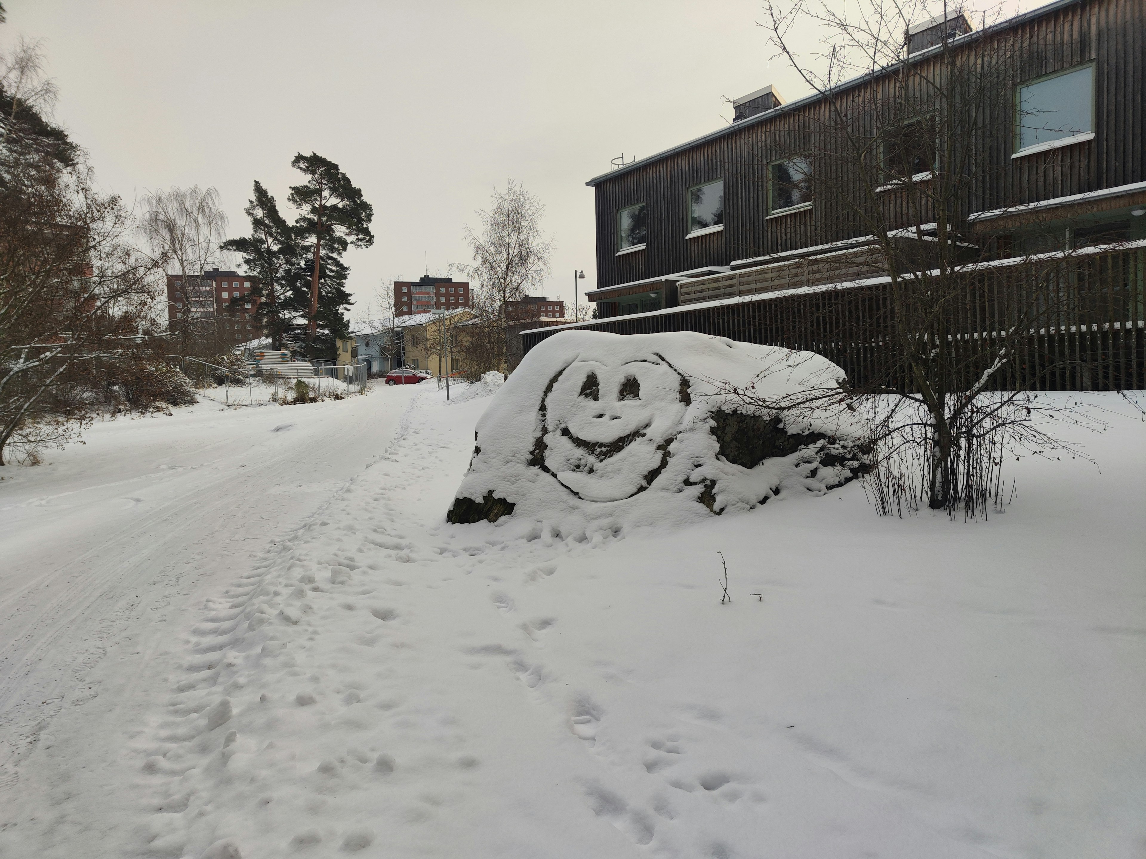 Una roca con una cara sonriente dibujada en la nieve y el paisaje invernal circundante