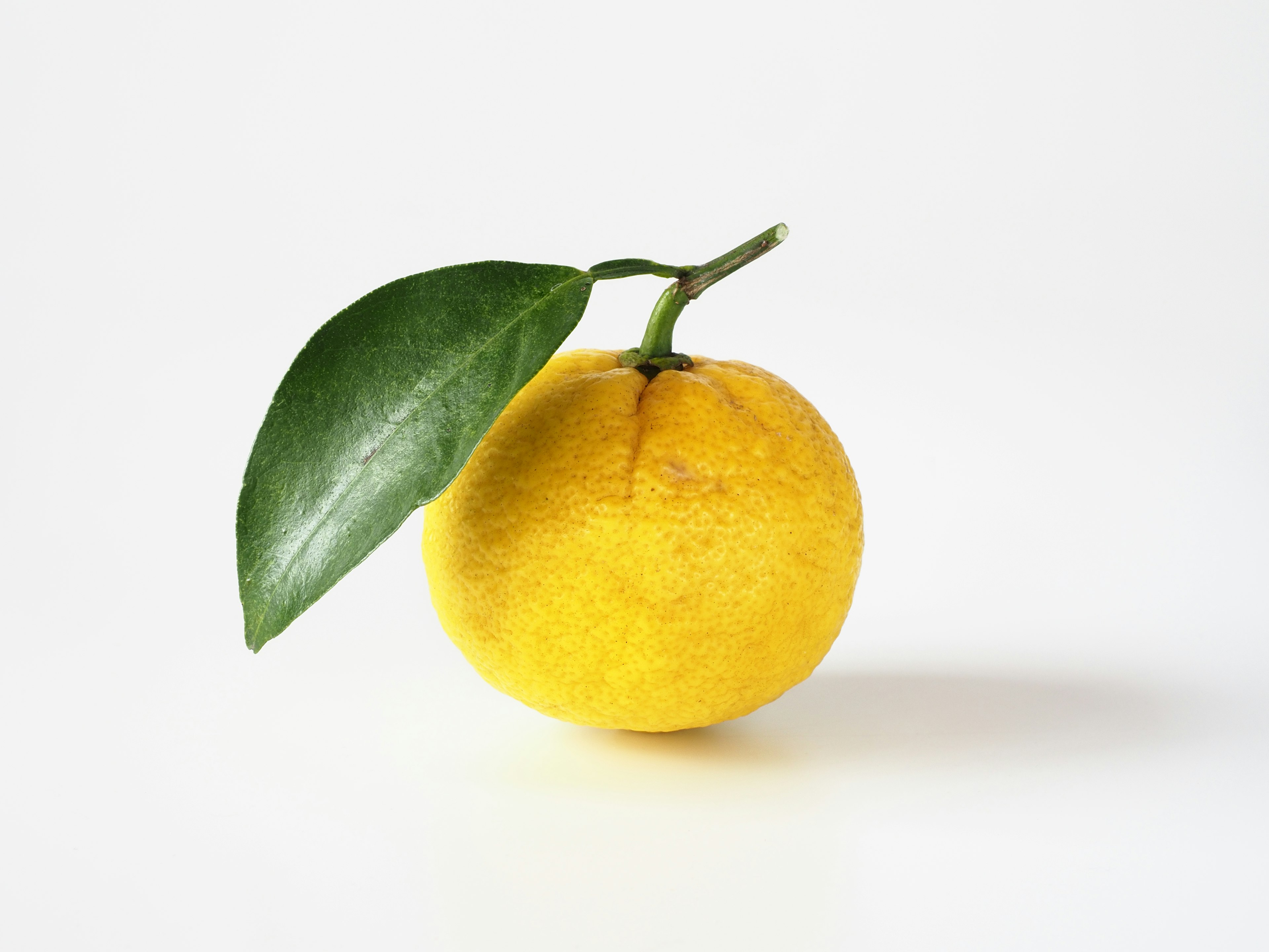 Yellow fruit with a green leaf attached