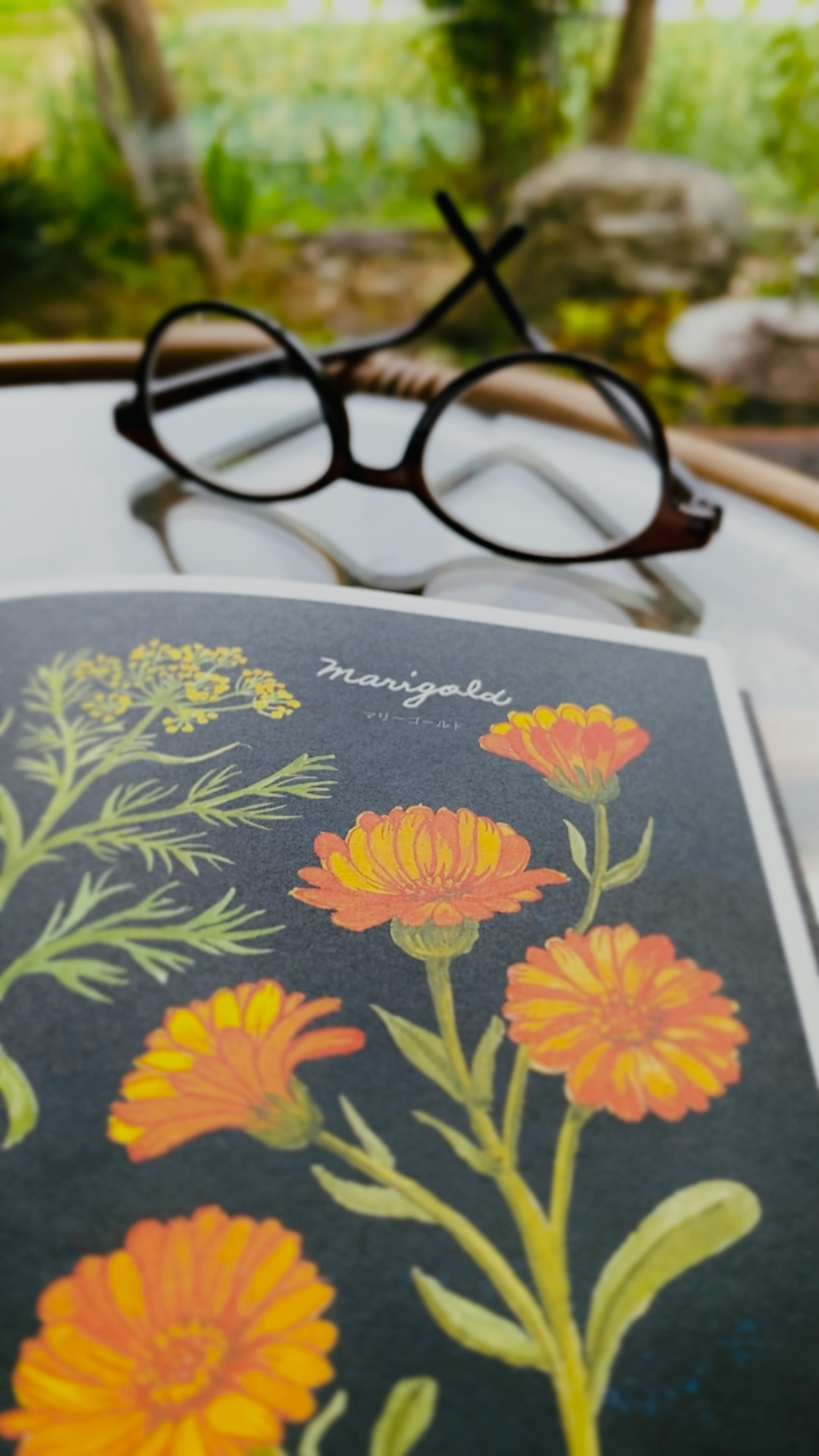 Une paire de lunettes posée sur une table à côté d'un livre illustré de fleurs orange sur fond noir