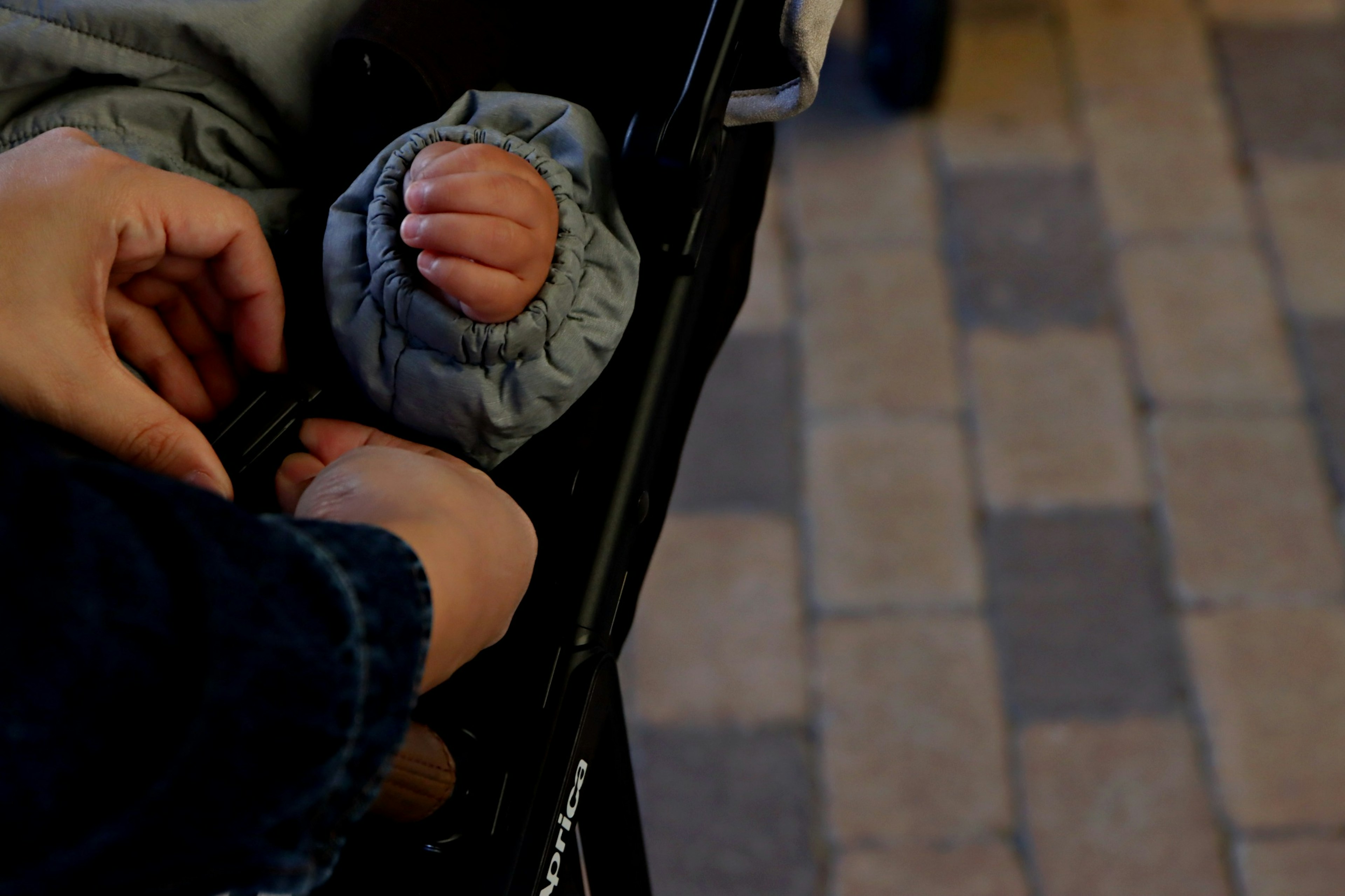 A baby's hand and a parent's hand touching a stroller