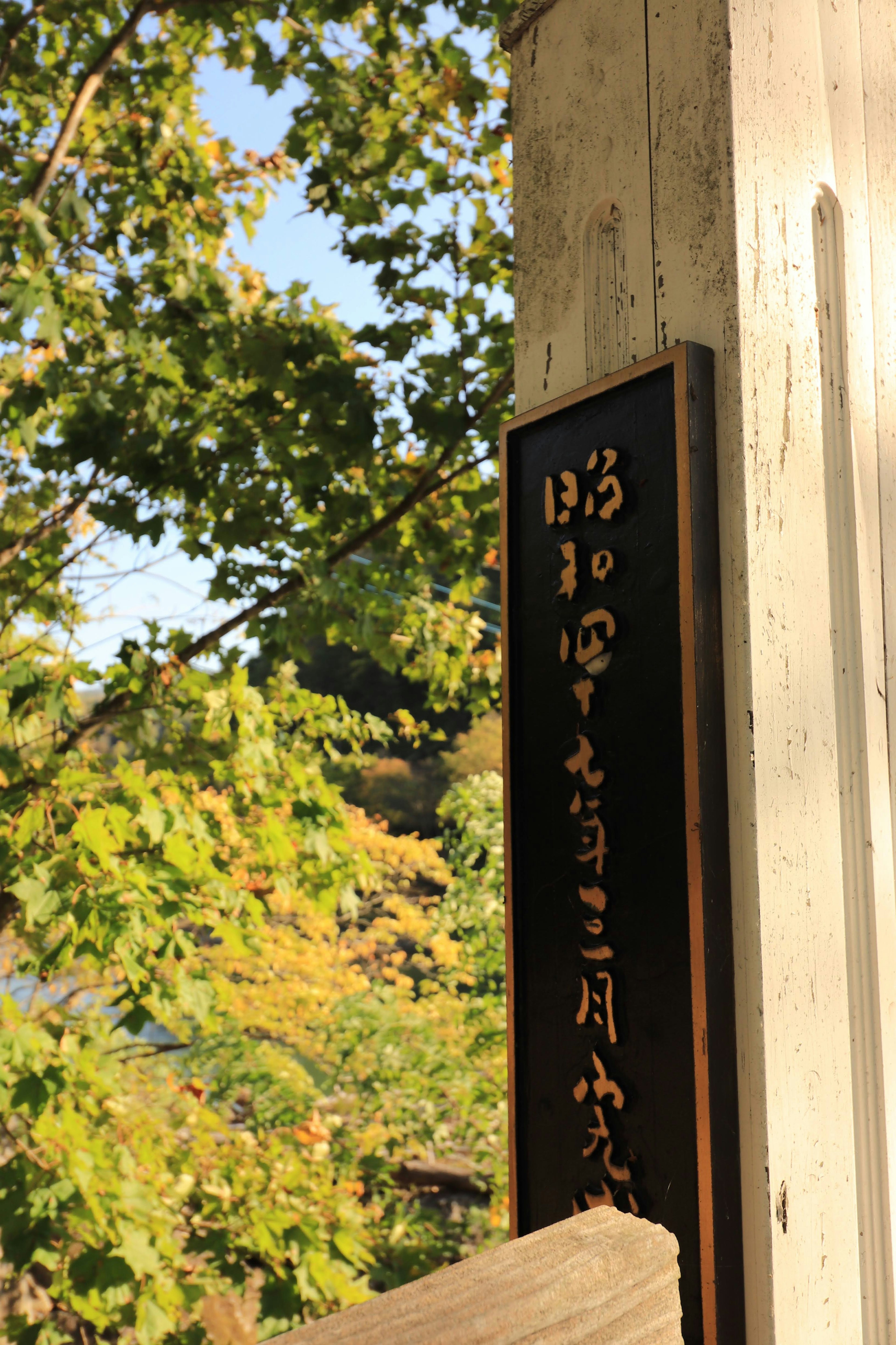 A black sign with Japanese characters mounted on a wooden post surrounded by green trees