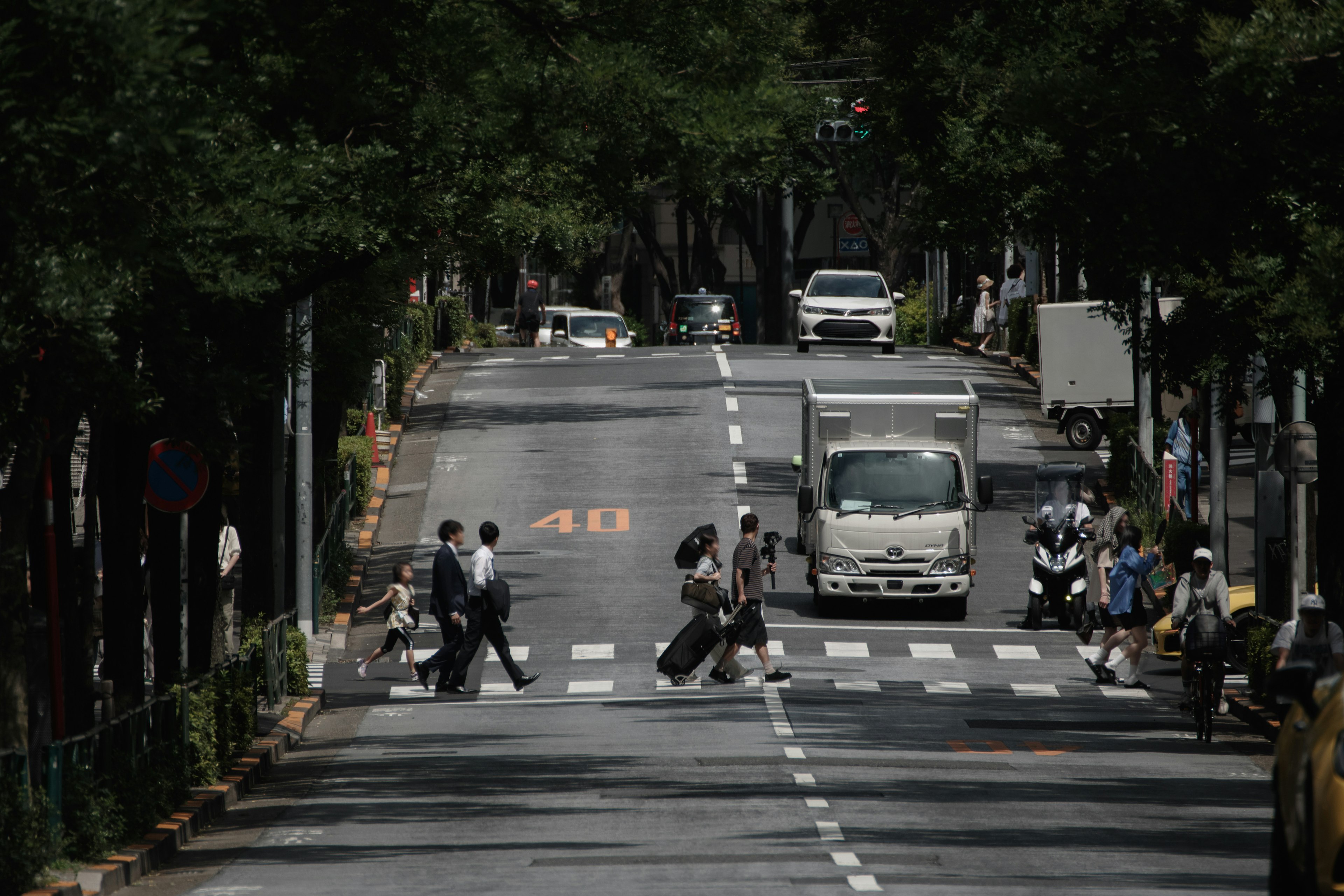 People crossing a crosswalk surrounded by green trees