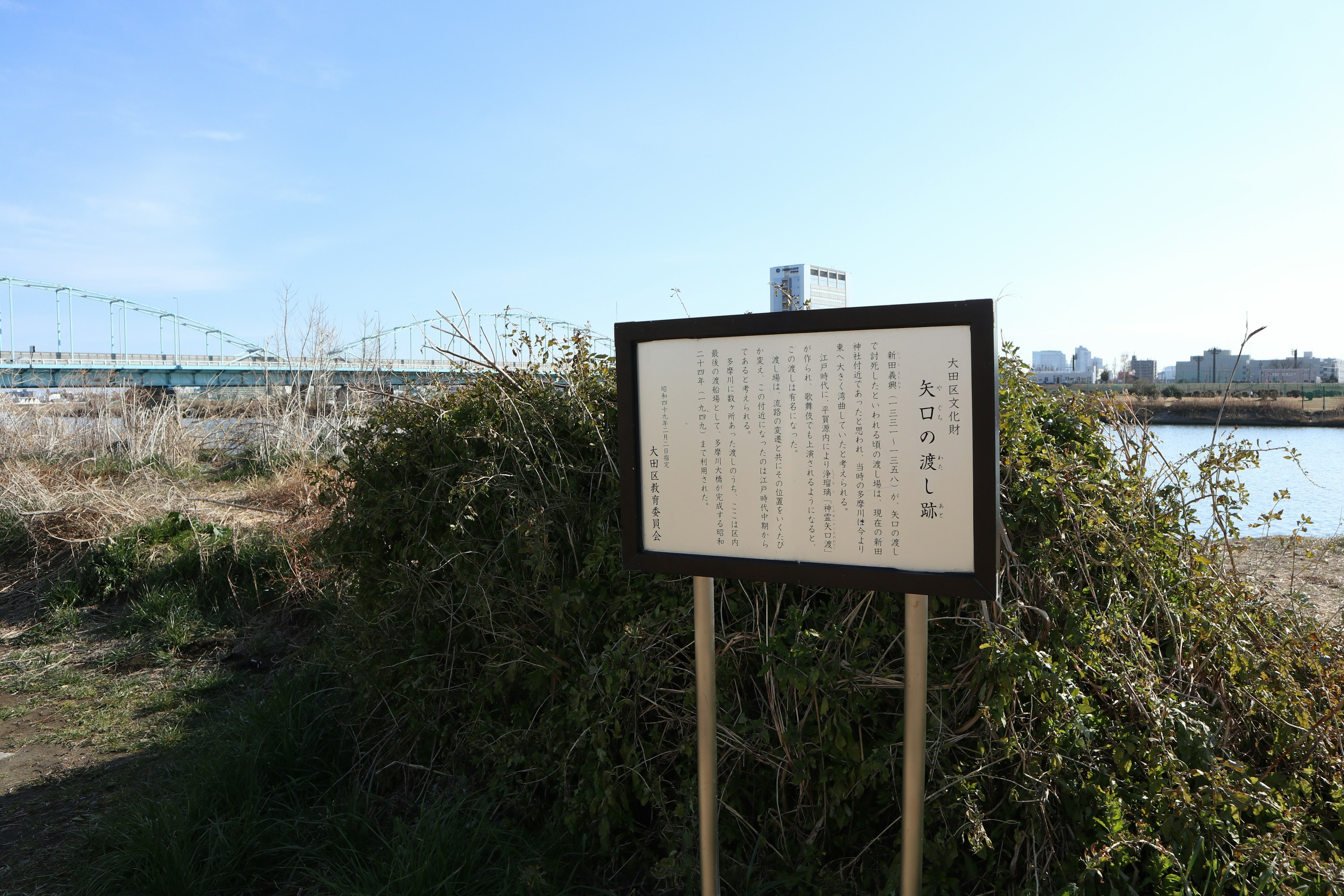 Information board near a river with surrounding grass and plants