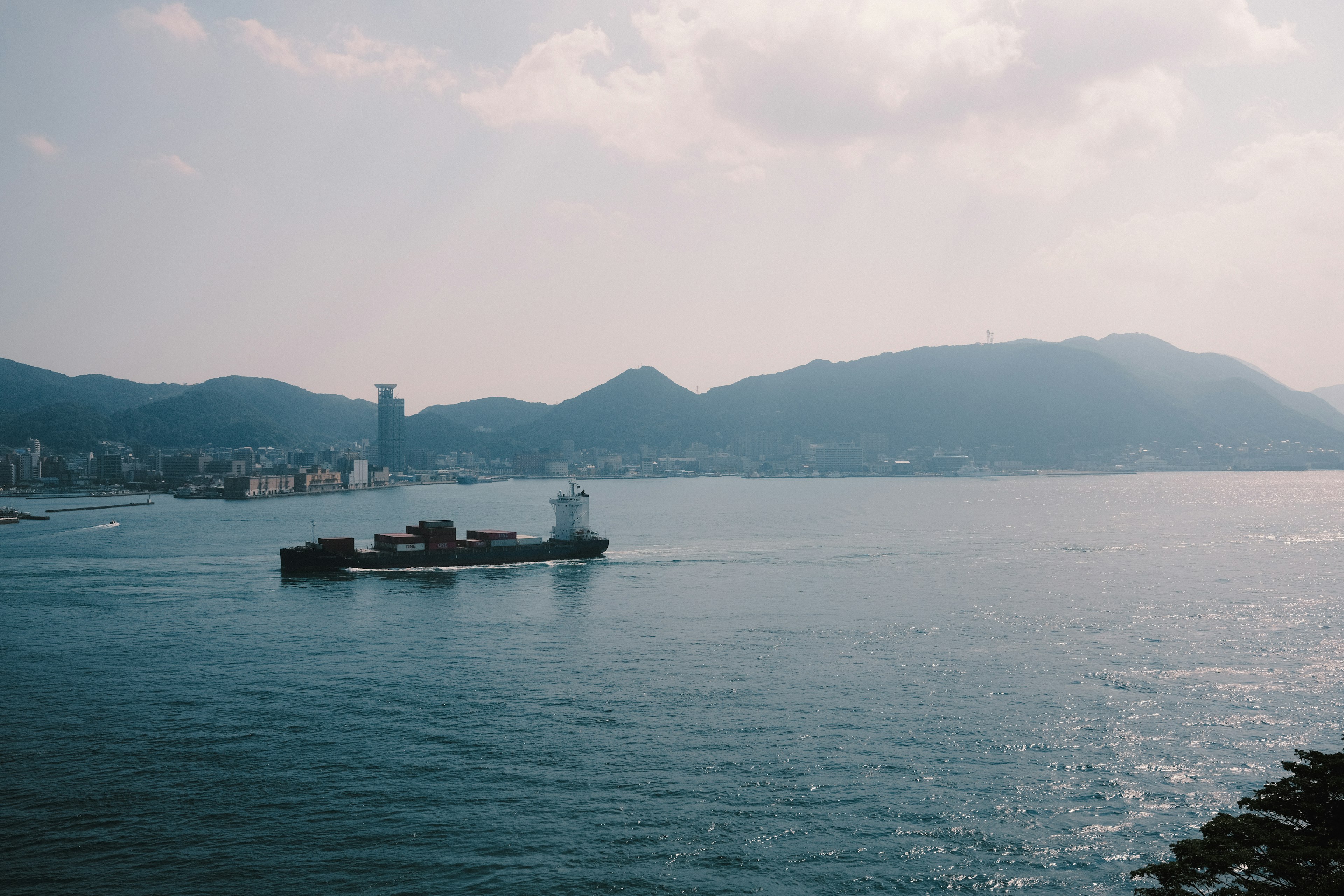 Bateau cargo naviguant sur la mer avec un paysage montagneux