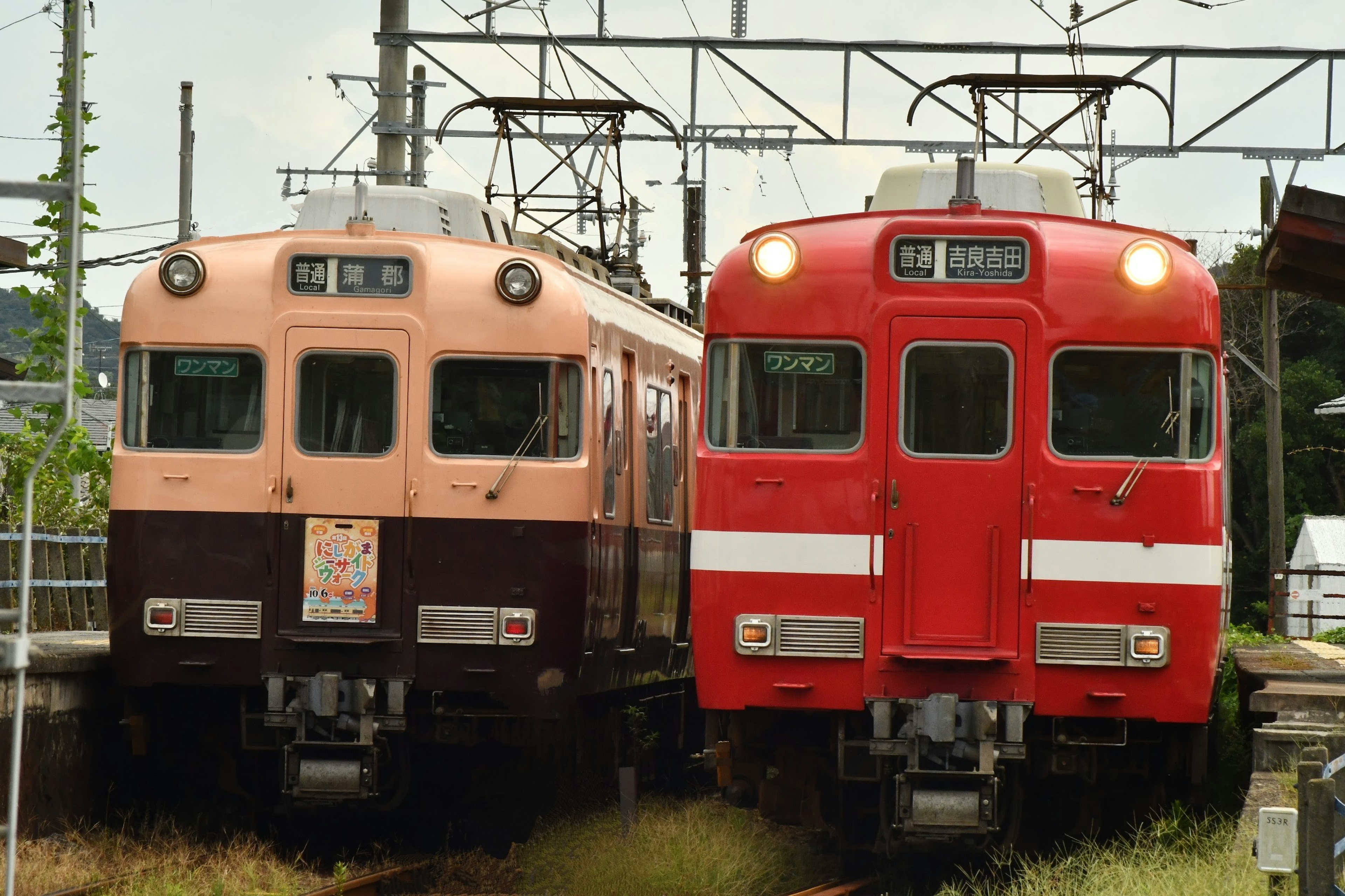 Dua kereta di stasiun dengan kereta berwarna merah muda dan merah