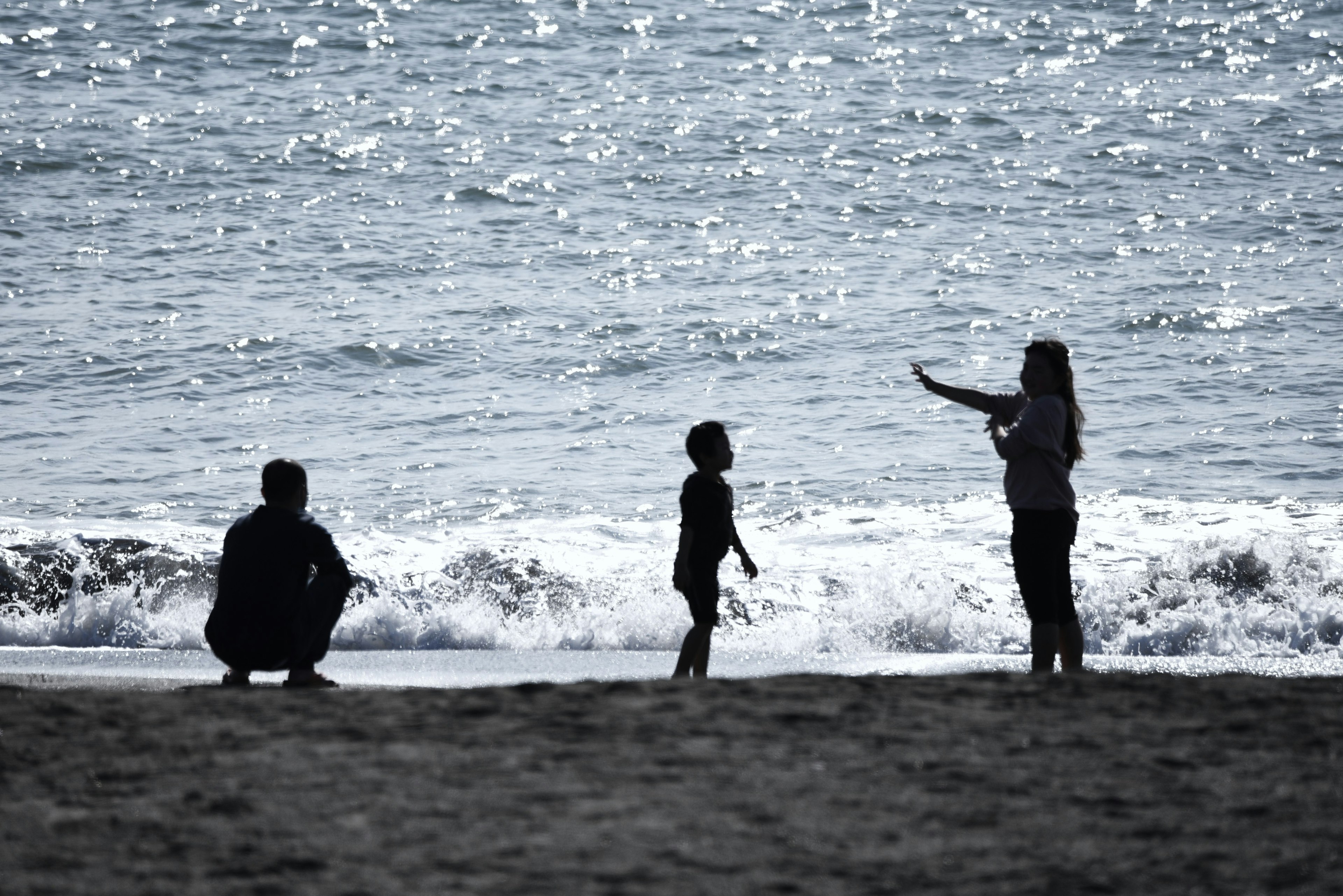 เงาของครอบครัวที่เล่นอยู่ที่ชายหาด