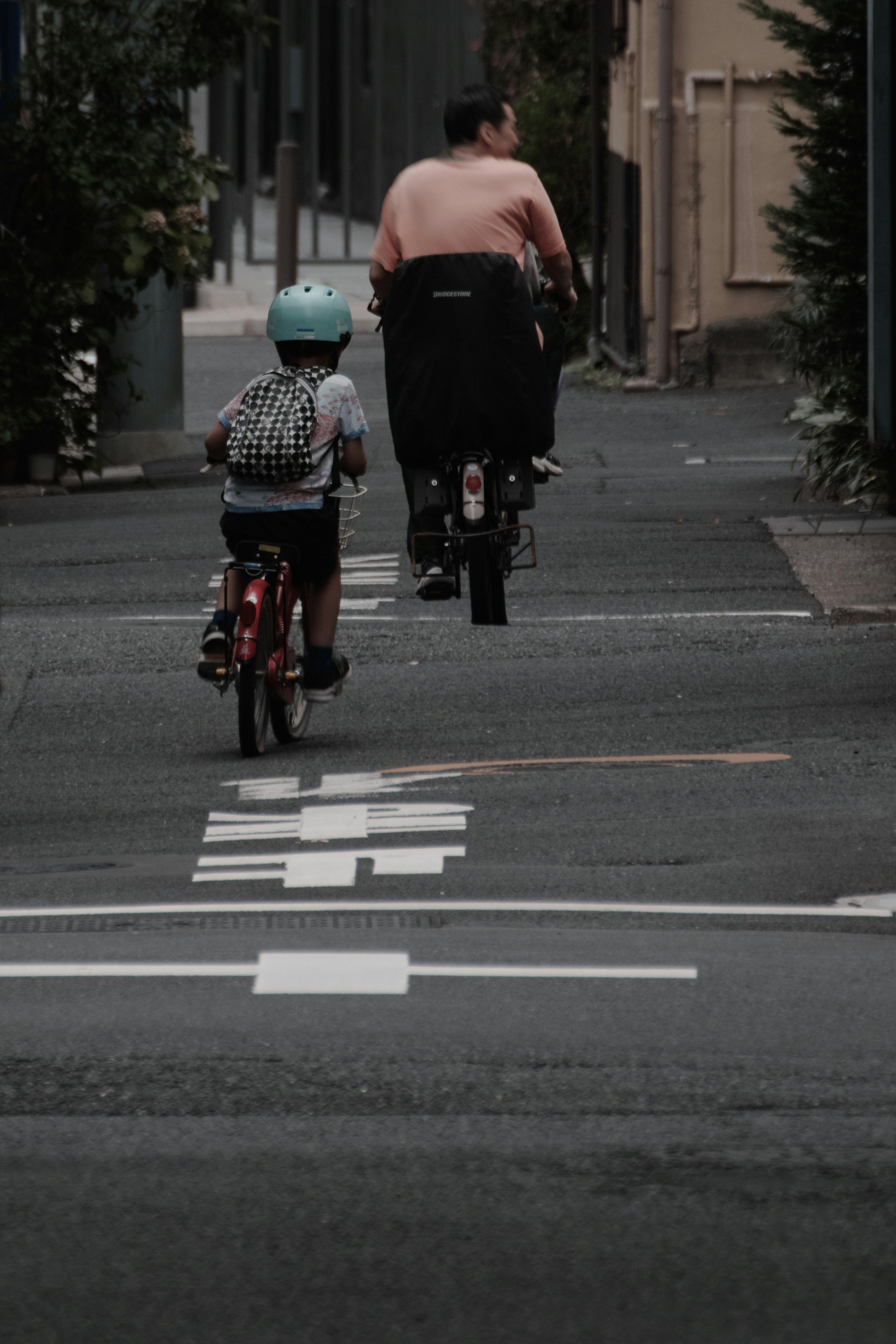 子供と大人が自転車で進む狭い道の風景