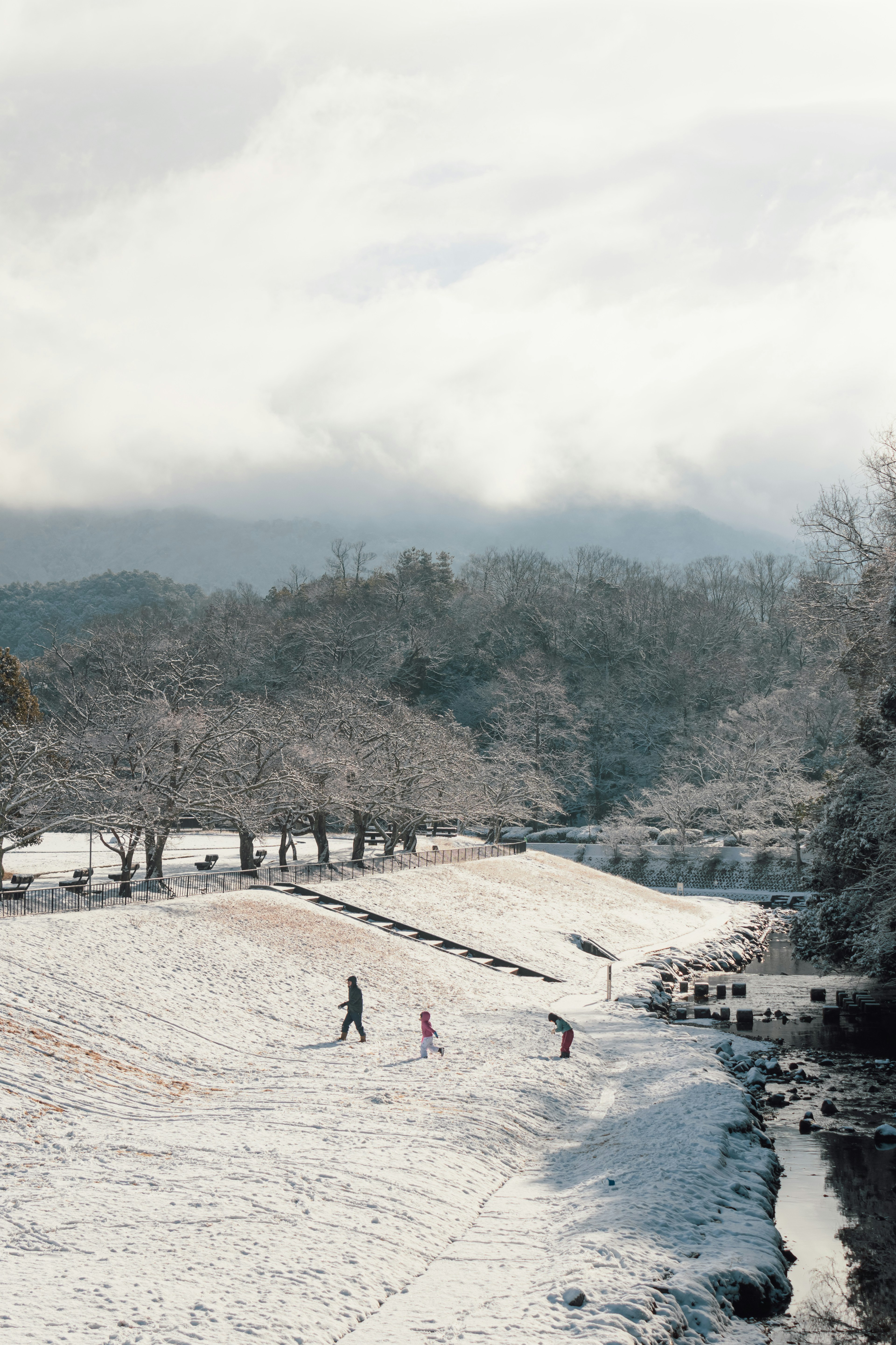 冬季場景，人們在雪覆蓋的風景中行走