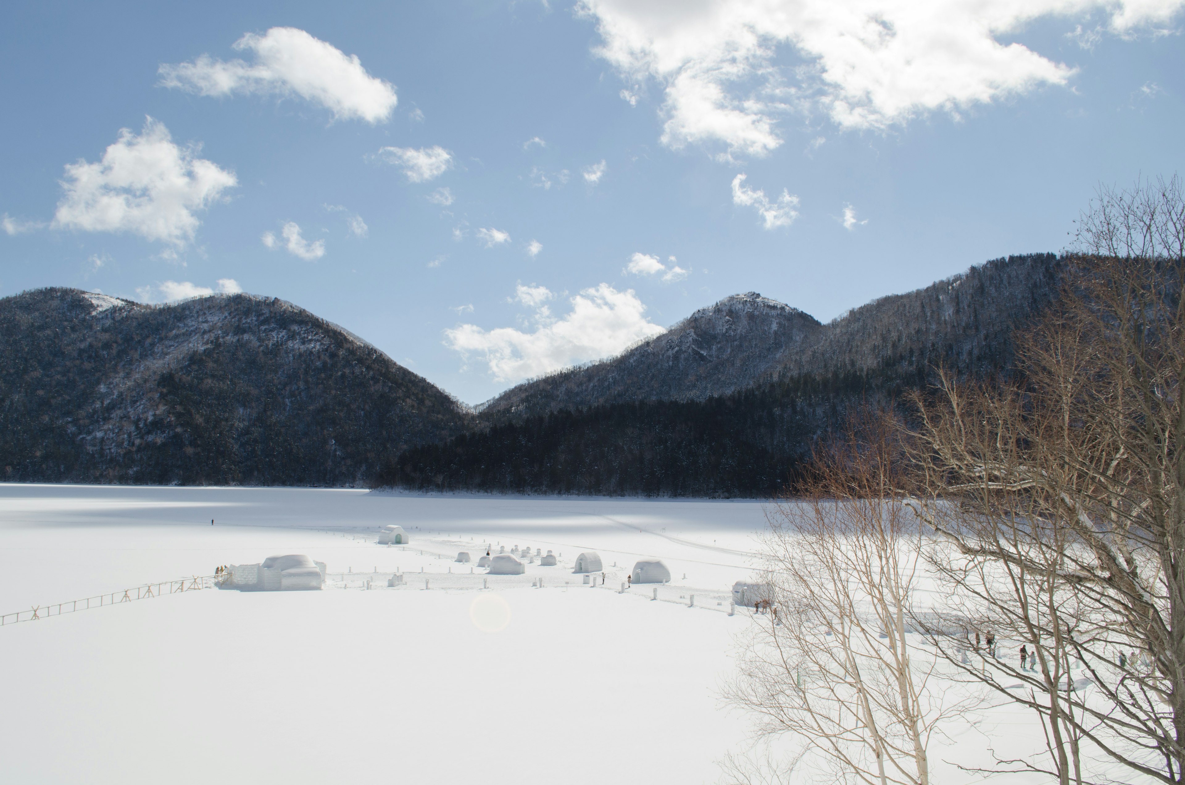 Snow-covered lake with surrounding mountains and scattered trees