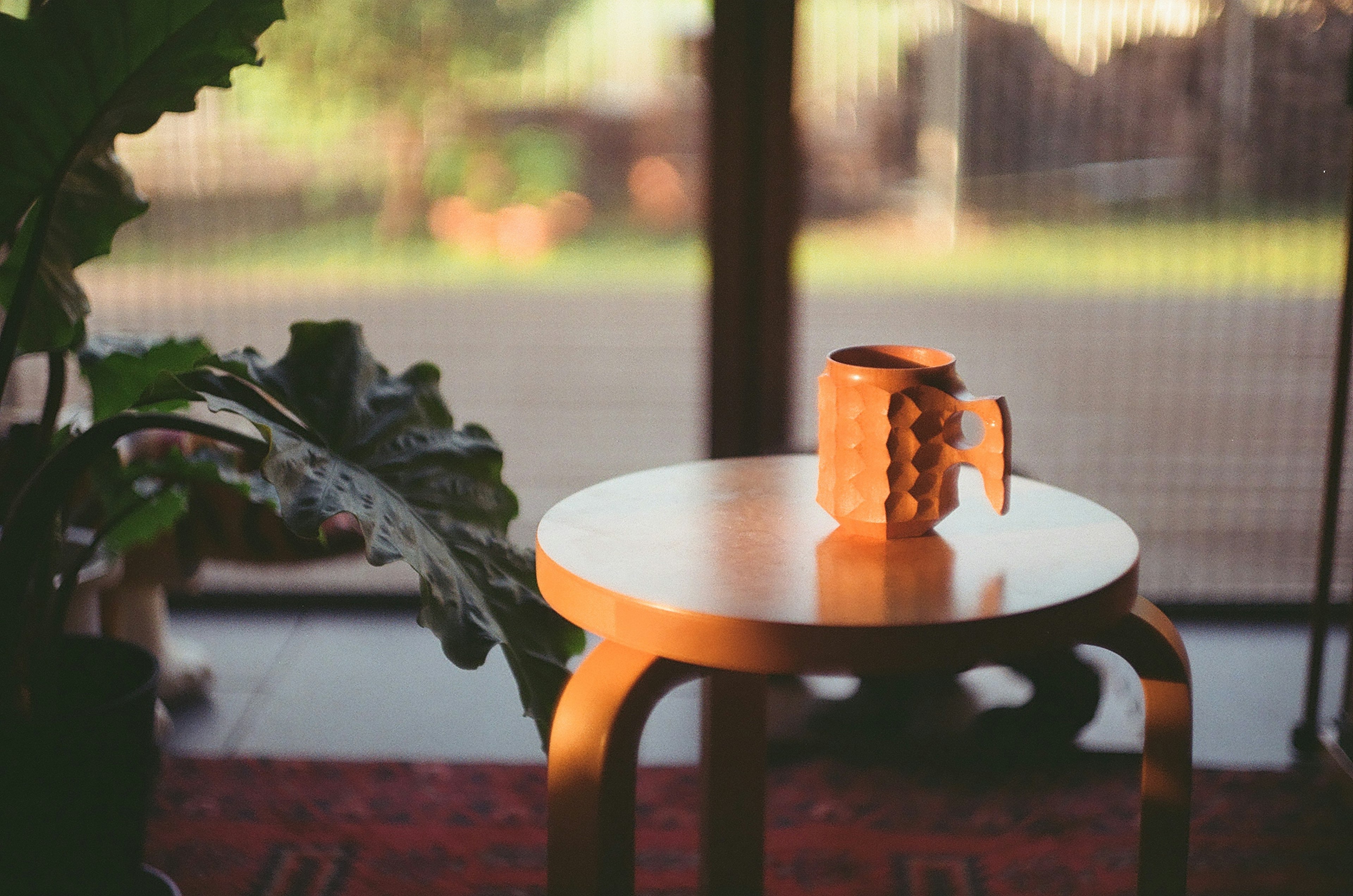 Taza de cerámica sobre una mesa de madera con planta verde cercana