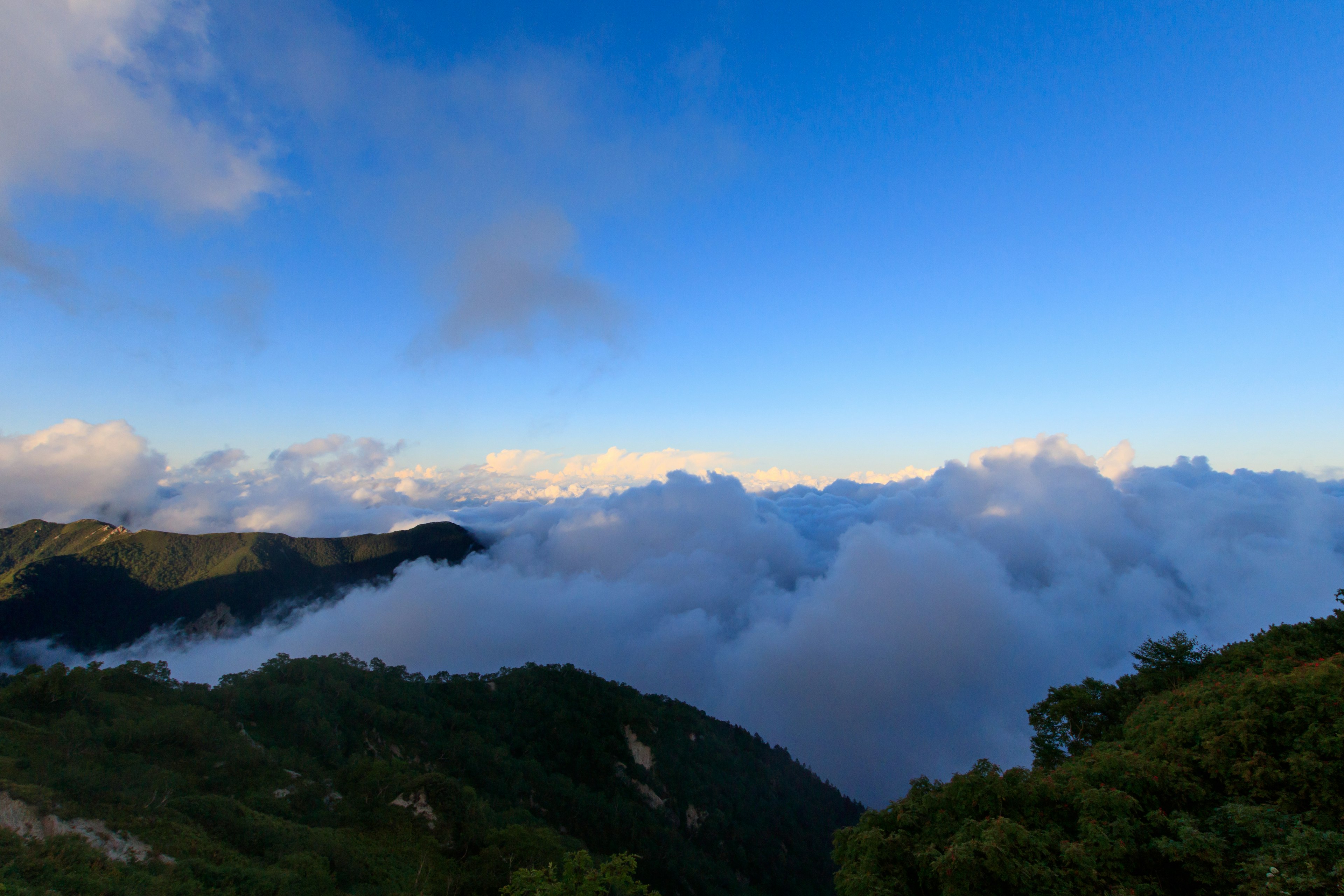 Vista escénica del cielo azul y el mar de nubes con colinas verdes