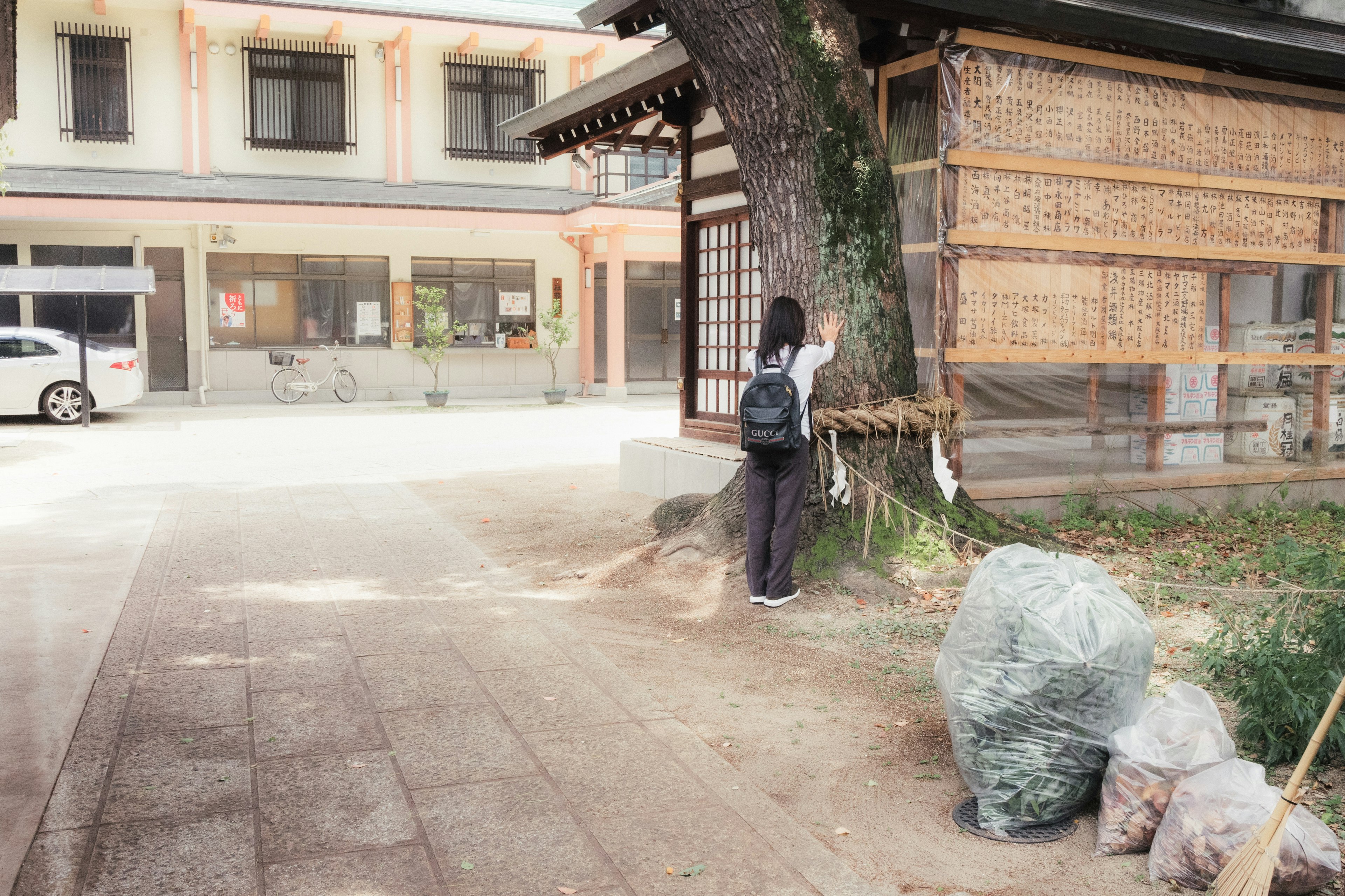 孩子站在一棵樹和一棟老建築旁邊