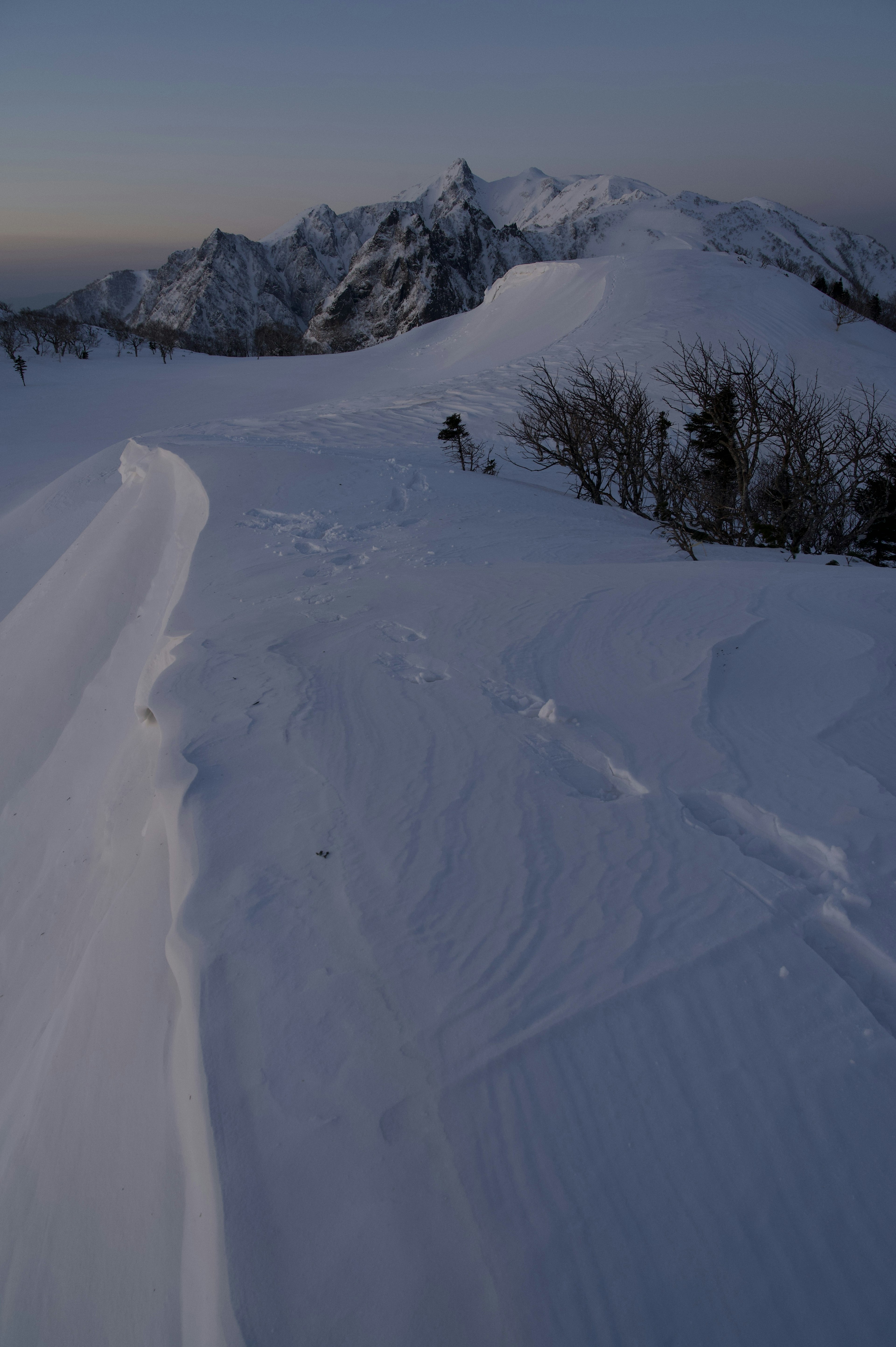 Paisaje montañoso cubierto de nieve con huellas de esquí