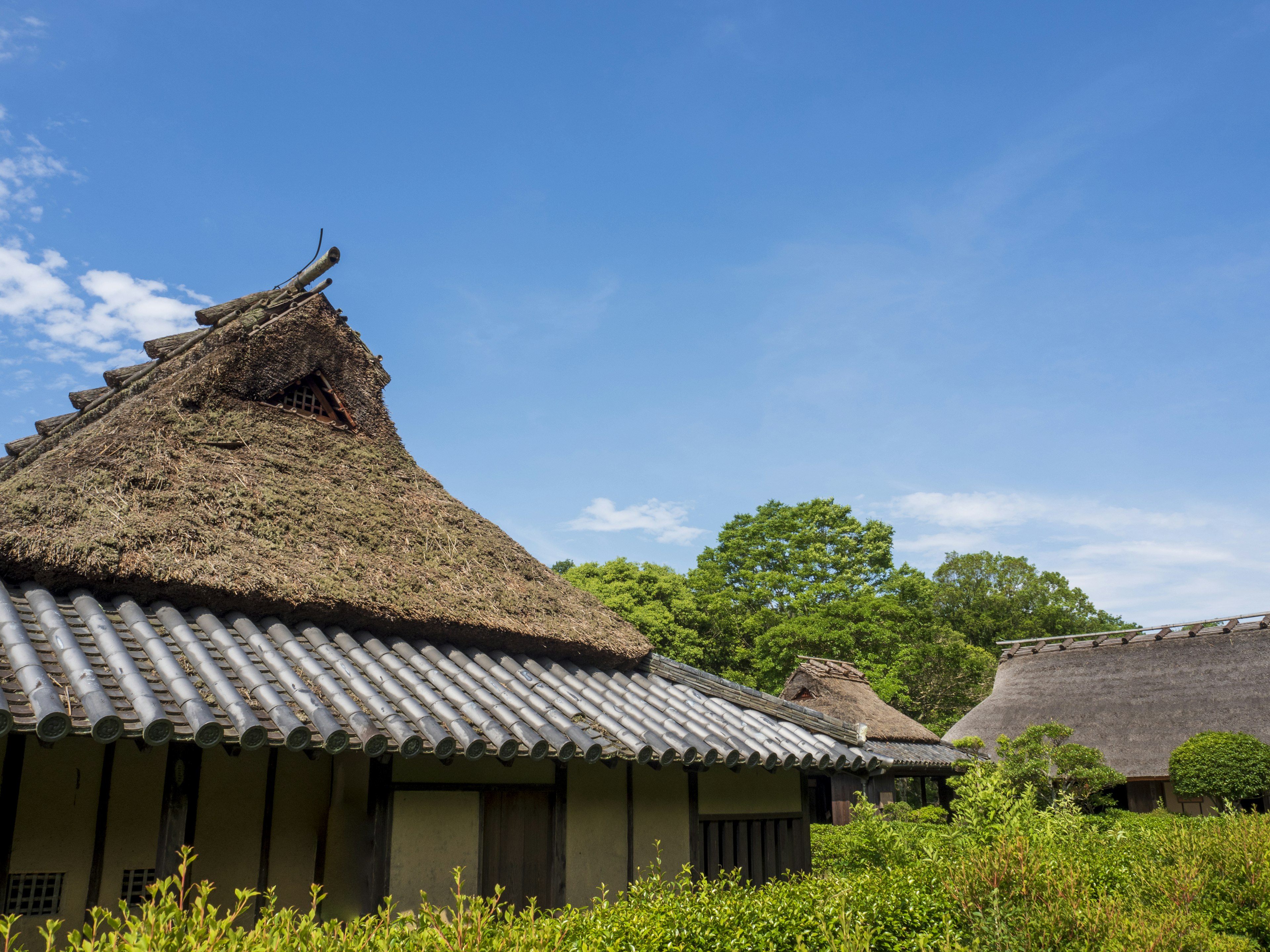 Traditional thatched-roof houses with blue sky