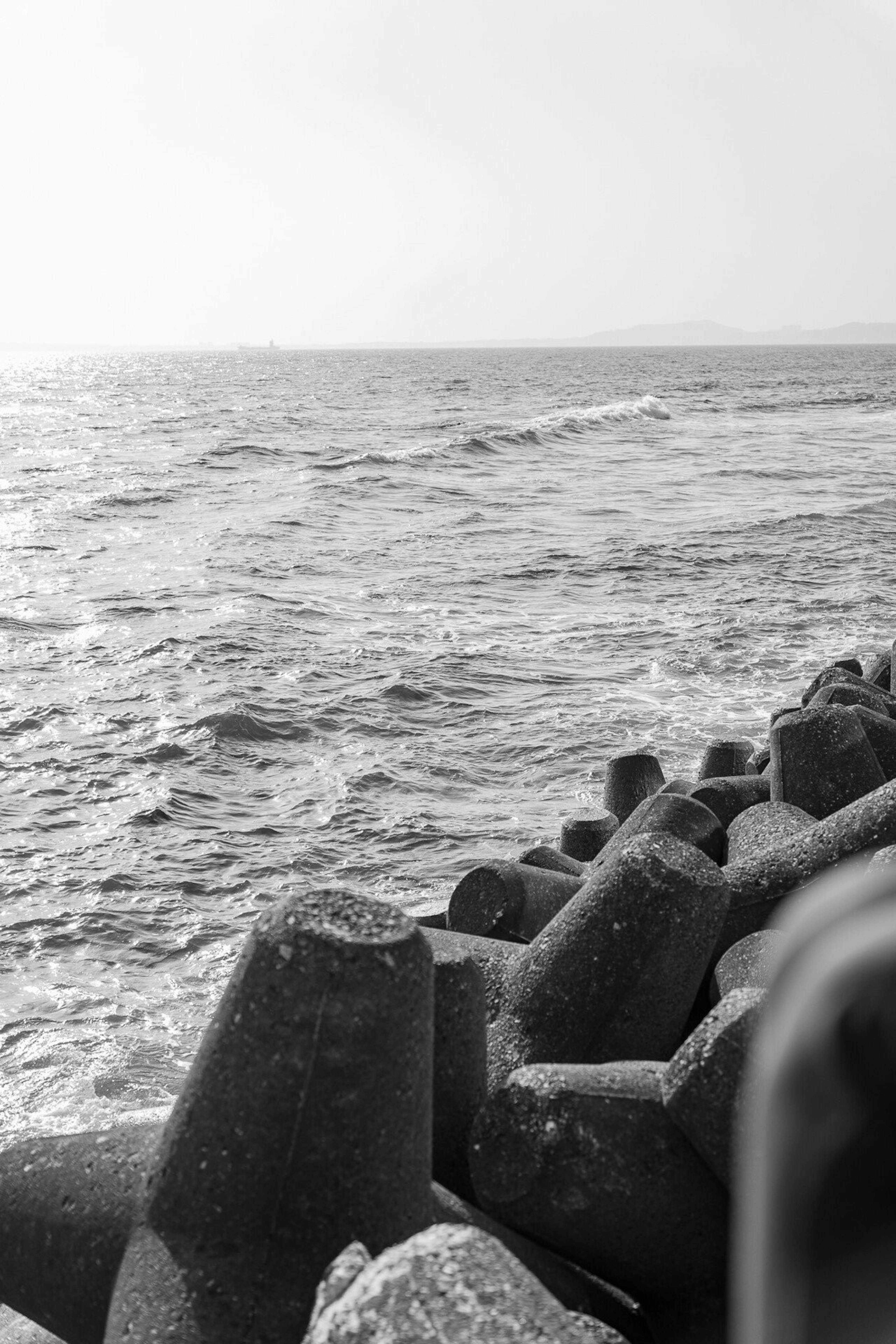 Foto en blanco y negro de una costa con tetrapodos