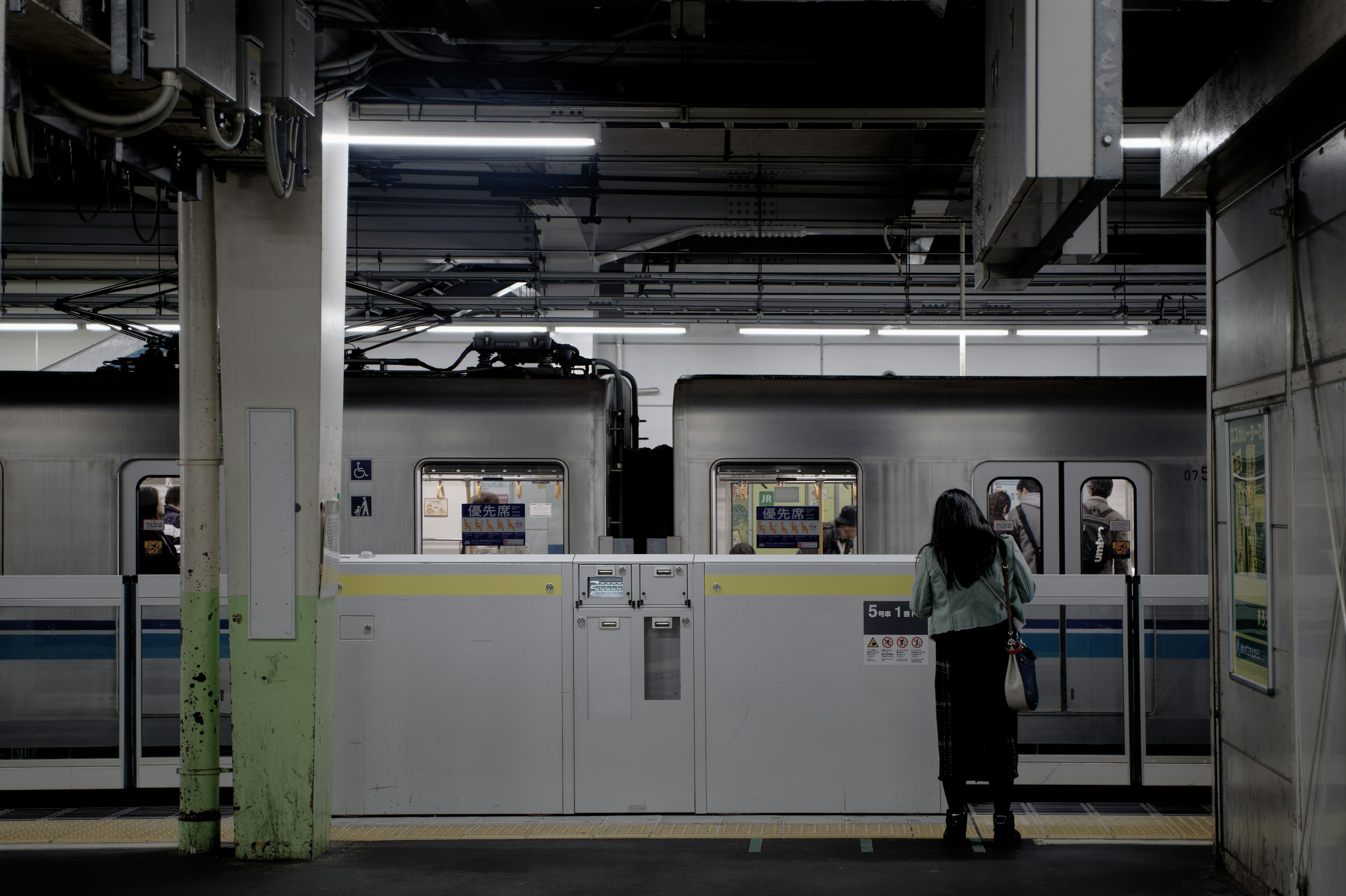 Una persona in attesa su un marciapiede della stazione con treni in vista