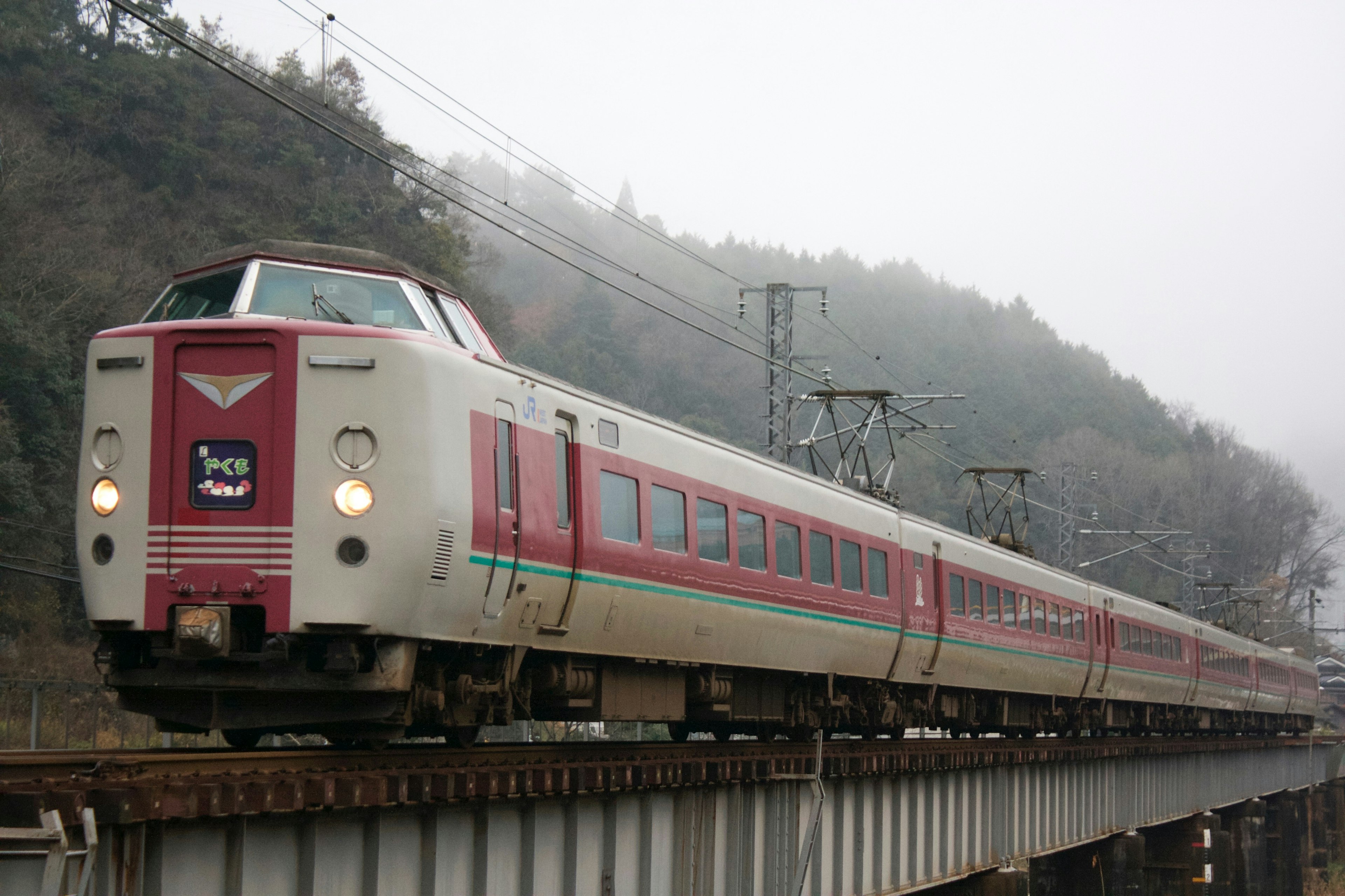 霧の中を走る赤と白の列車が高架橋を通過する