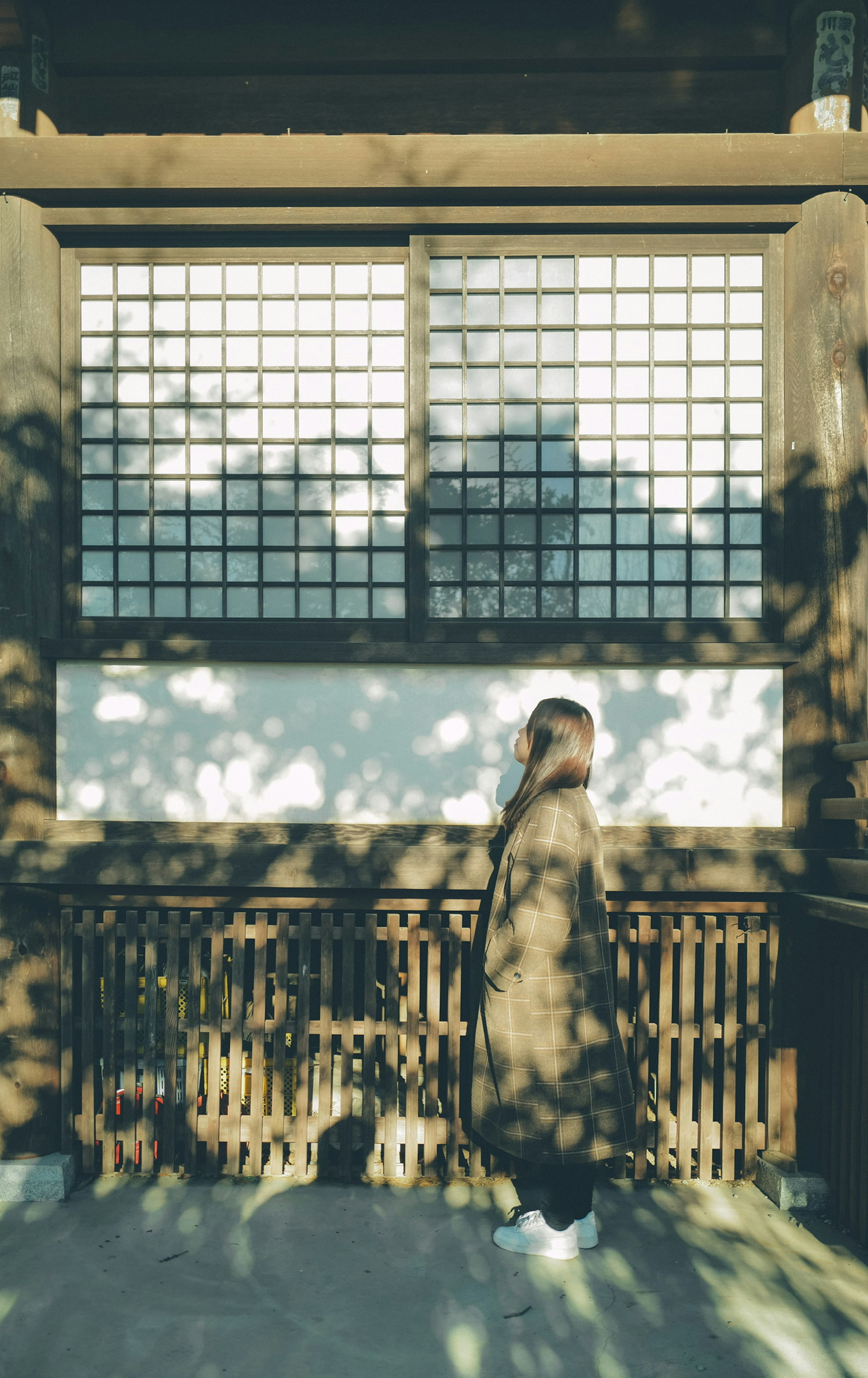 Silhouette of a woman standing in front of a window with shadows in a traditional Japanese room