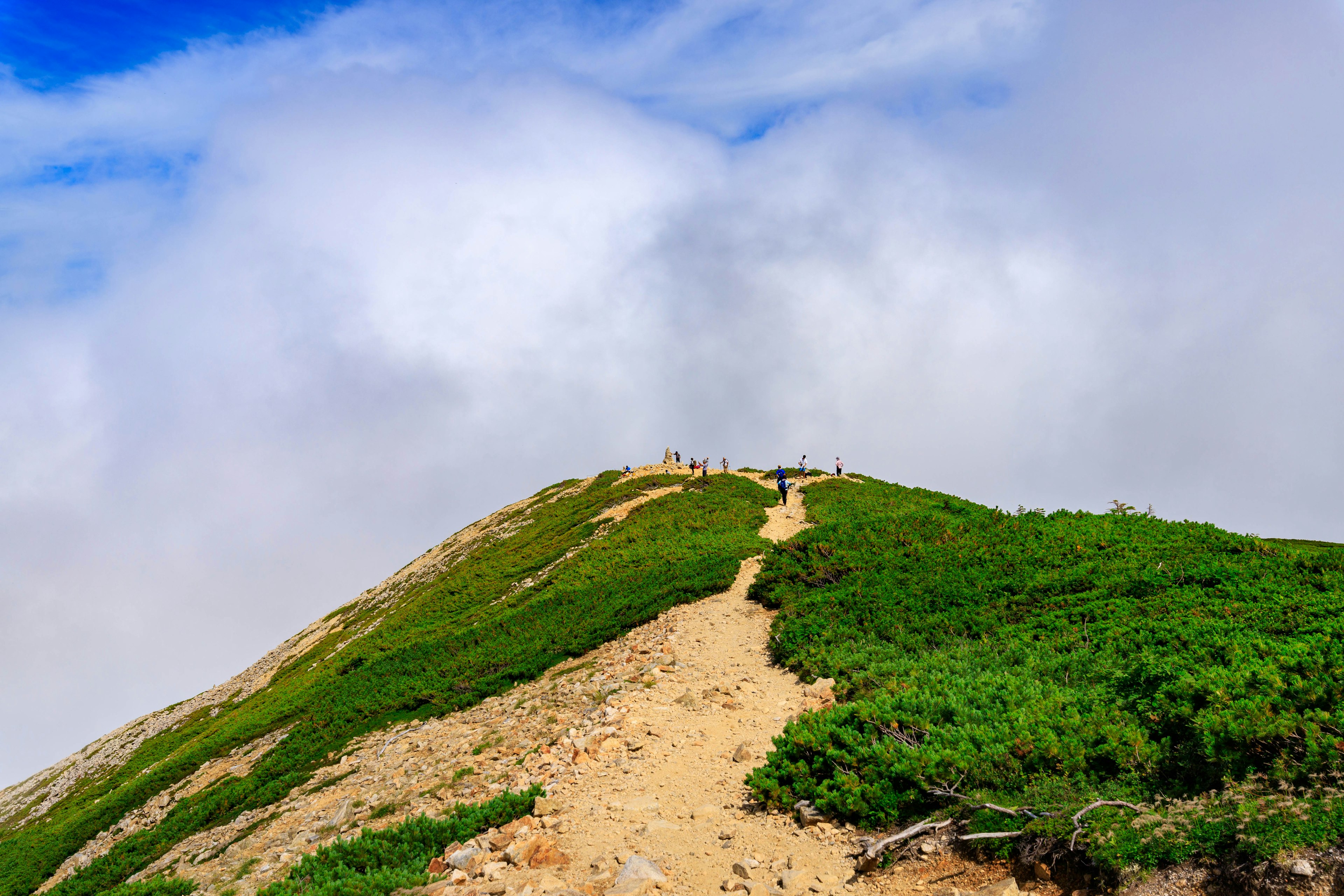 A sandy path leading up a green hill under a blue sky