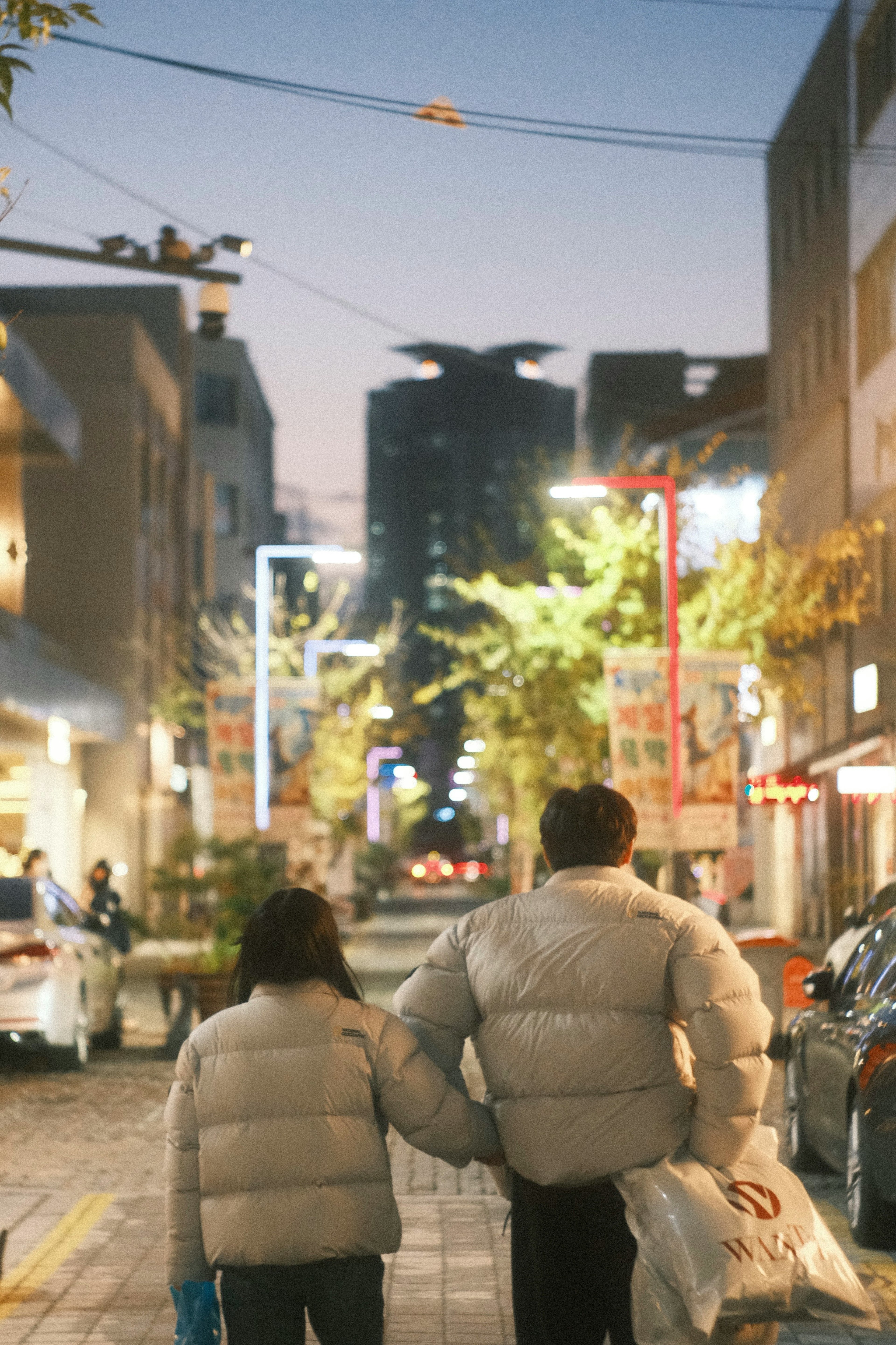 Two people in casual puffer jackets walking hand in hand down a street at night