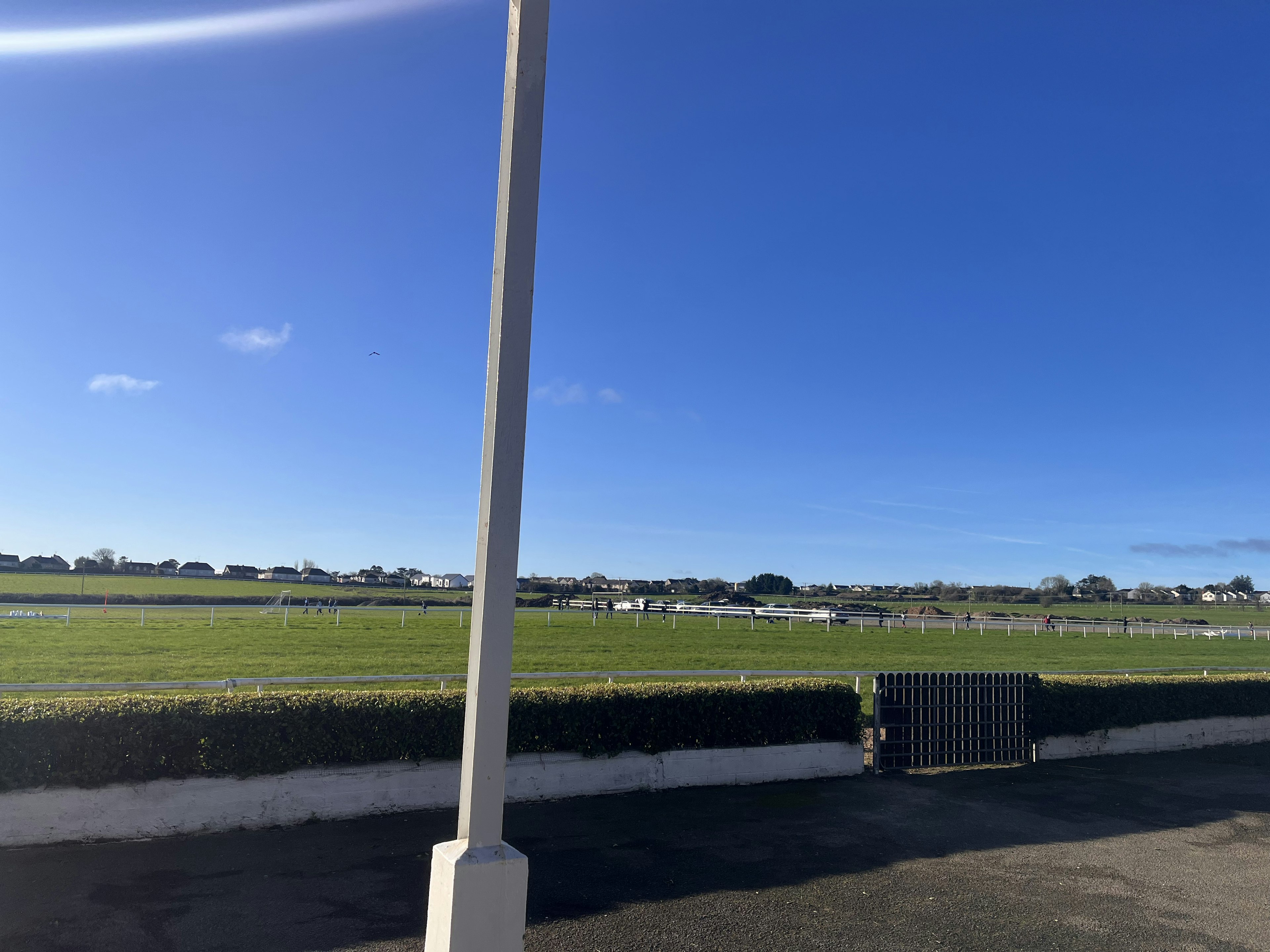 Prairie verte sous un ciel bleu clair avec une clôture blanche