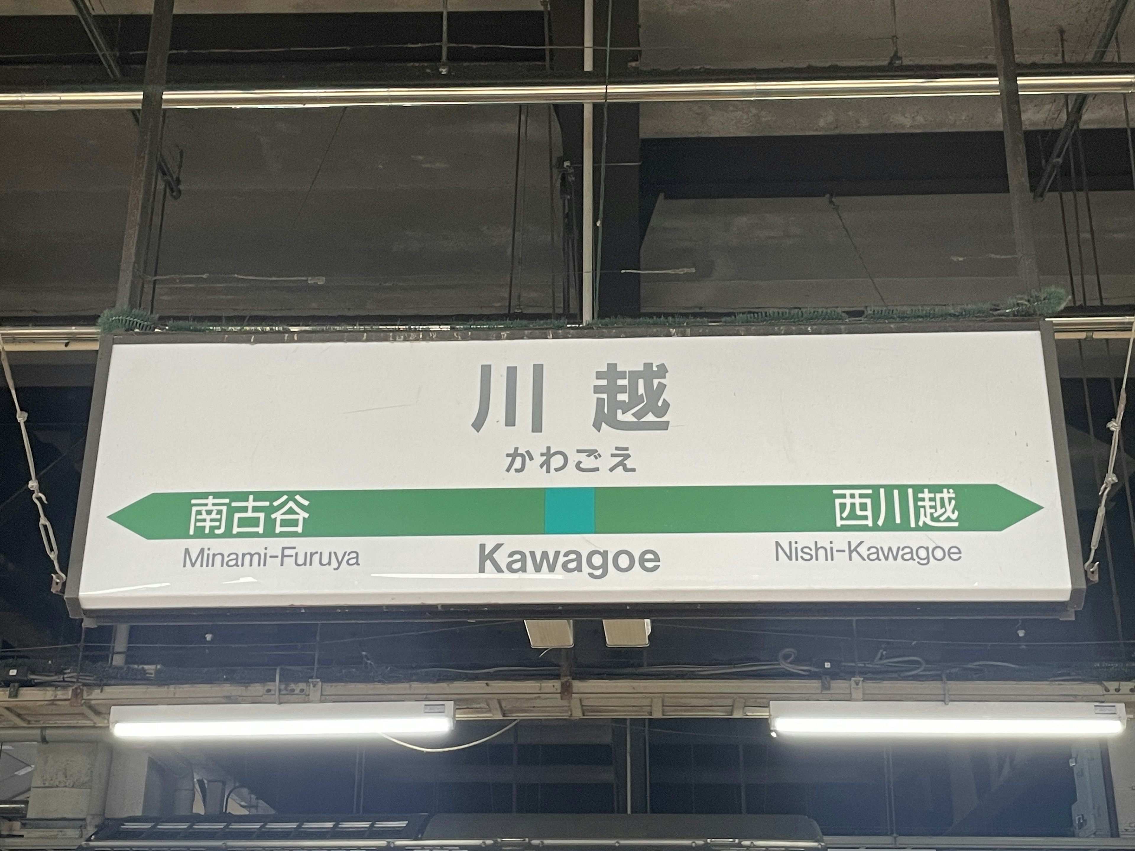 Tanda untuk Stasiun Kawagoe menunjukkan arah ke Minami-Furuya di kiri dan Nishi-Kawagoe di kanan