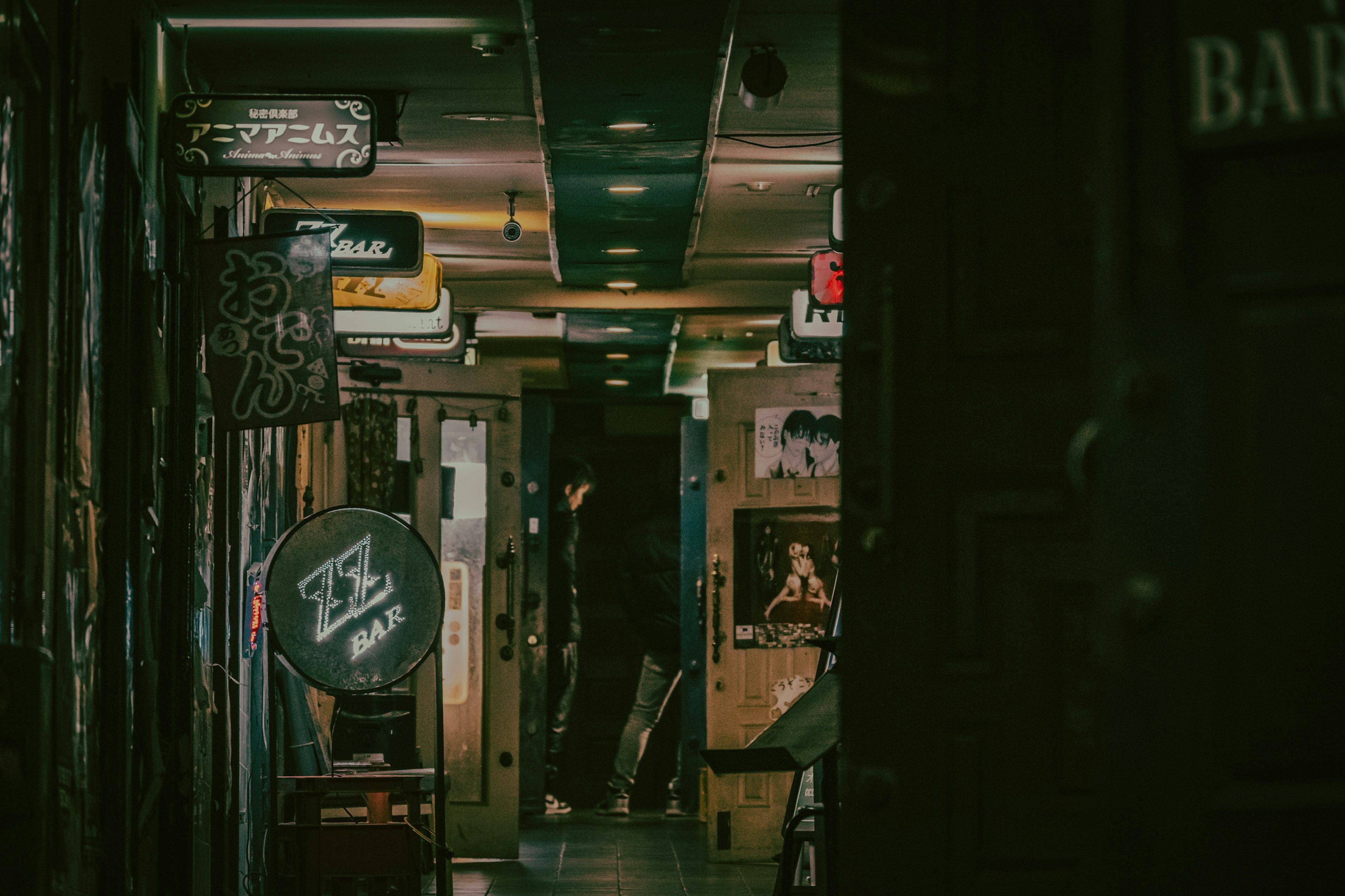 A dimly lit corridor lined with various signs and doors