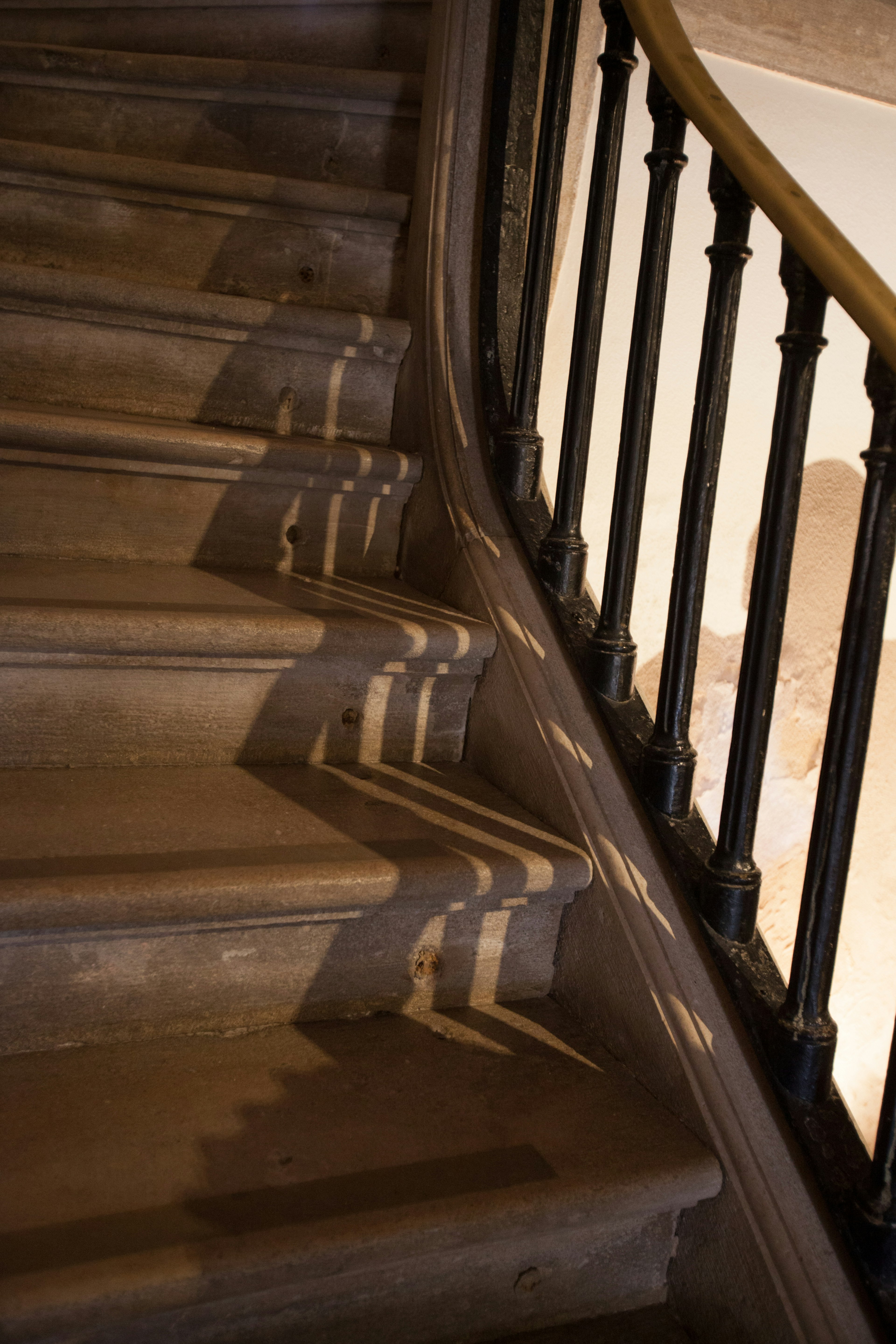 Escalera de madera curva con detalles de barandilla negra